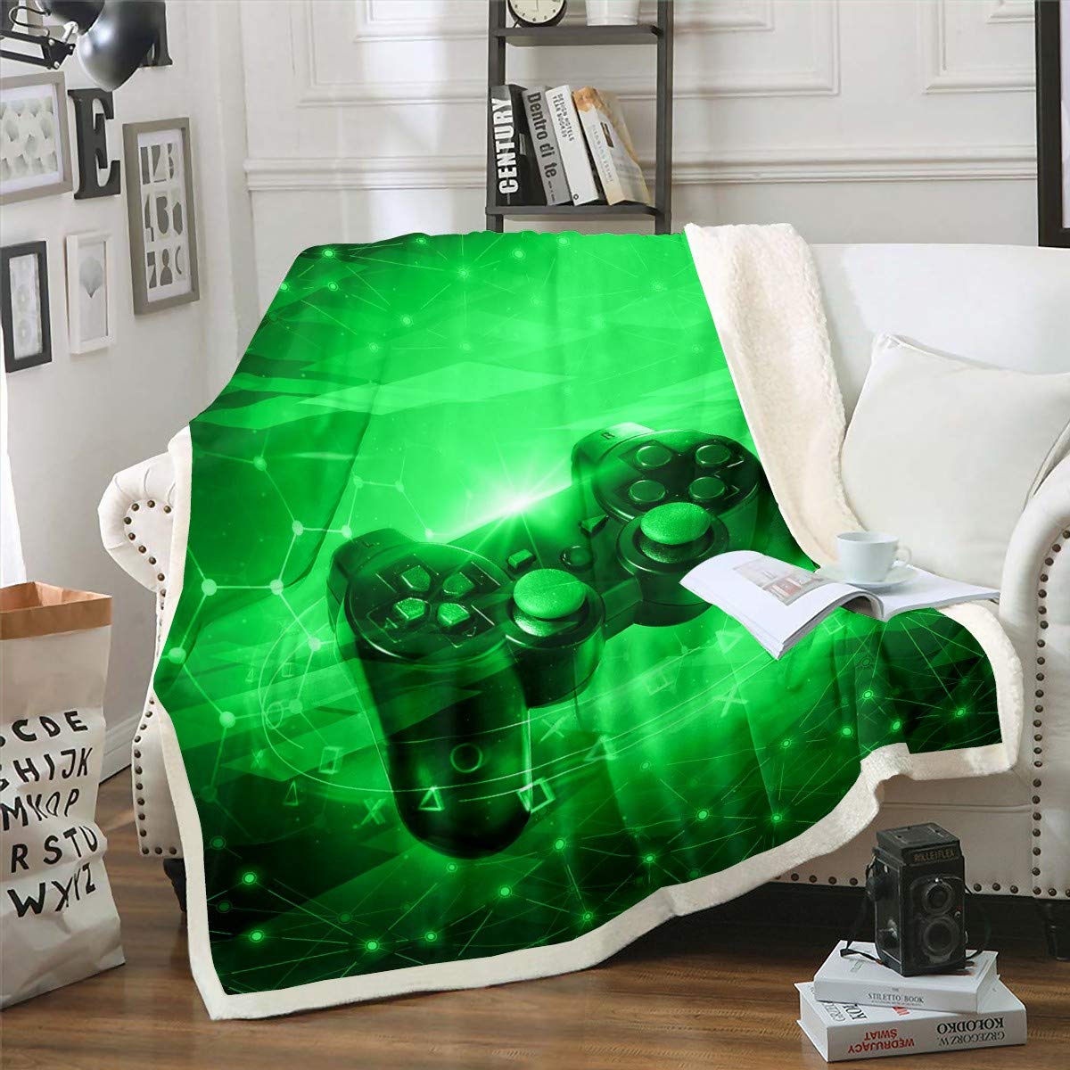 Giochi Coperta Sherpa Gamepad Coperta in Pile Coperta Controller per Videogiochi Coperta in Peluche per Divano Camera da Letto Console da Gioco Moderna Pulsanti di Azione Coperta Fuzzy Legge