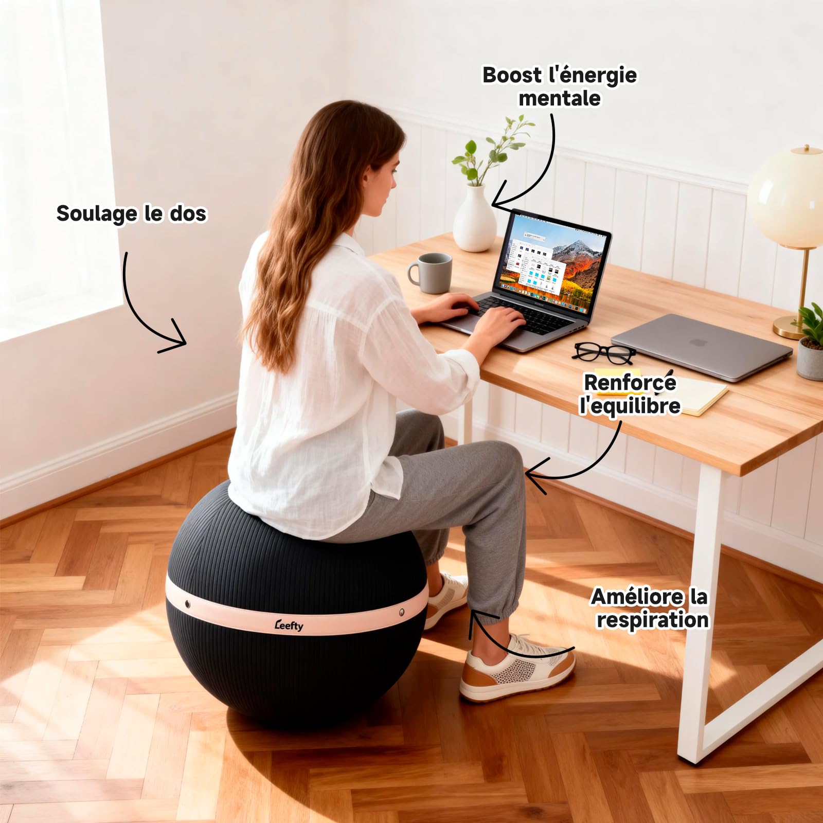 Ballon Chaise de Bureau Ergonomique – Ballon de Yoga 65 cm avec Base Anti-Dérapante-Siège Actif pour Bureau, Grossesse, Fitness &Yoga | Ballon d’Exercice Renforcé Anti-Éclatement