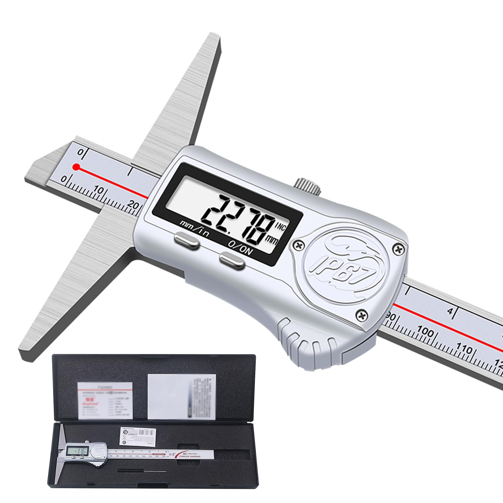 IP67 Waterproof Digital Depth Caliper 6 Inch/150mm ElectronicDepth Gauge Caliper Depth Rule, Stainless Steel, Metric/Imperial (6 Inch)