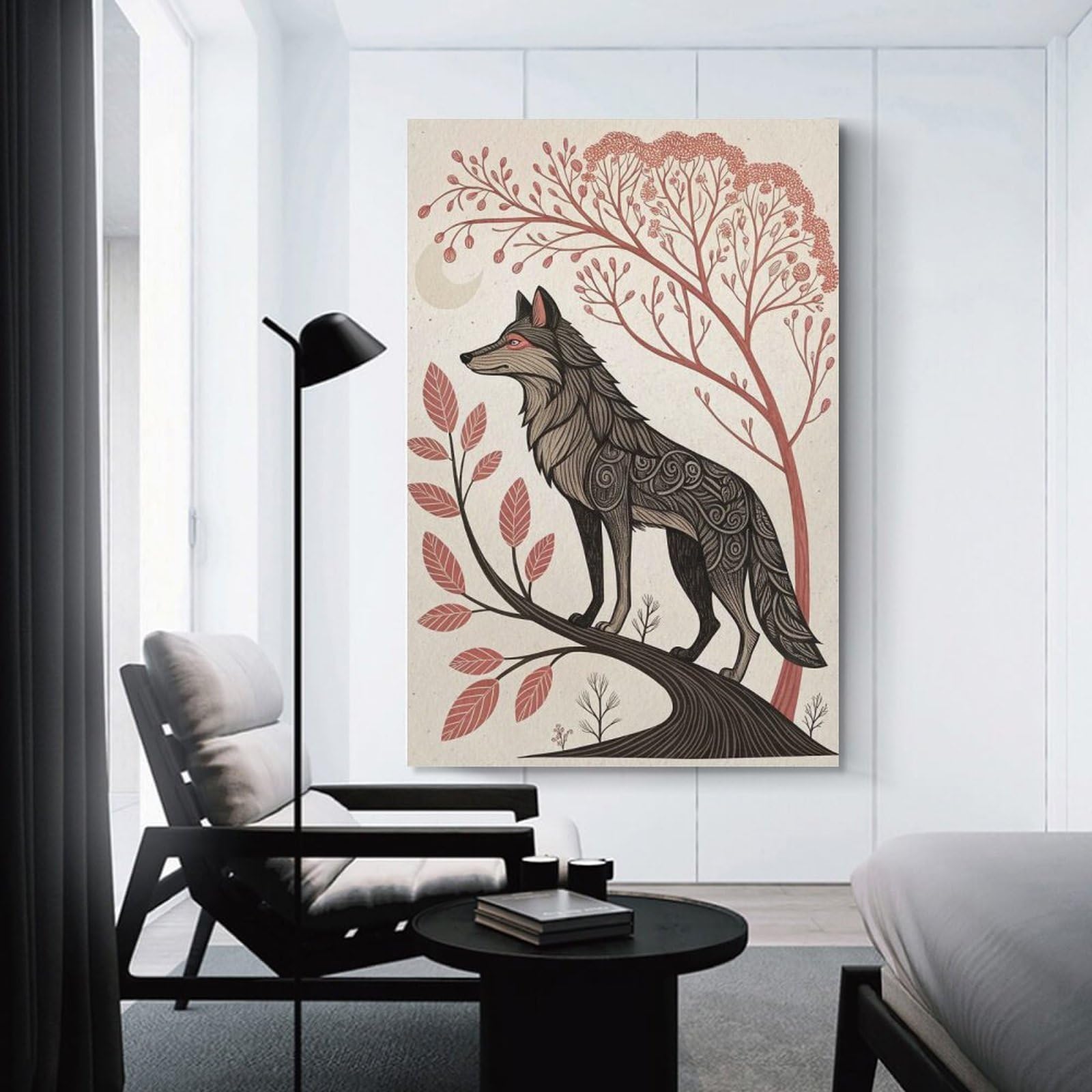 Junmoney Wall Decor Canvas Print Stylized Wolf on A Branch, 24x36inch(60x90cm), for Sofa Walls, Lounge Or Home Corners, Modern Wall Decor for Cosy Interiors