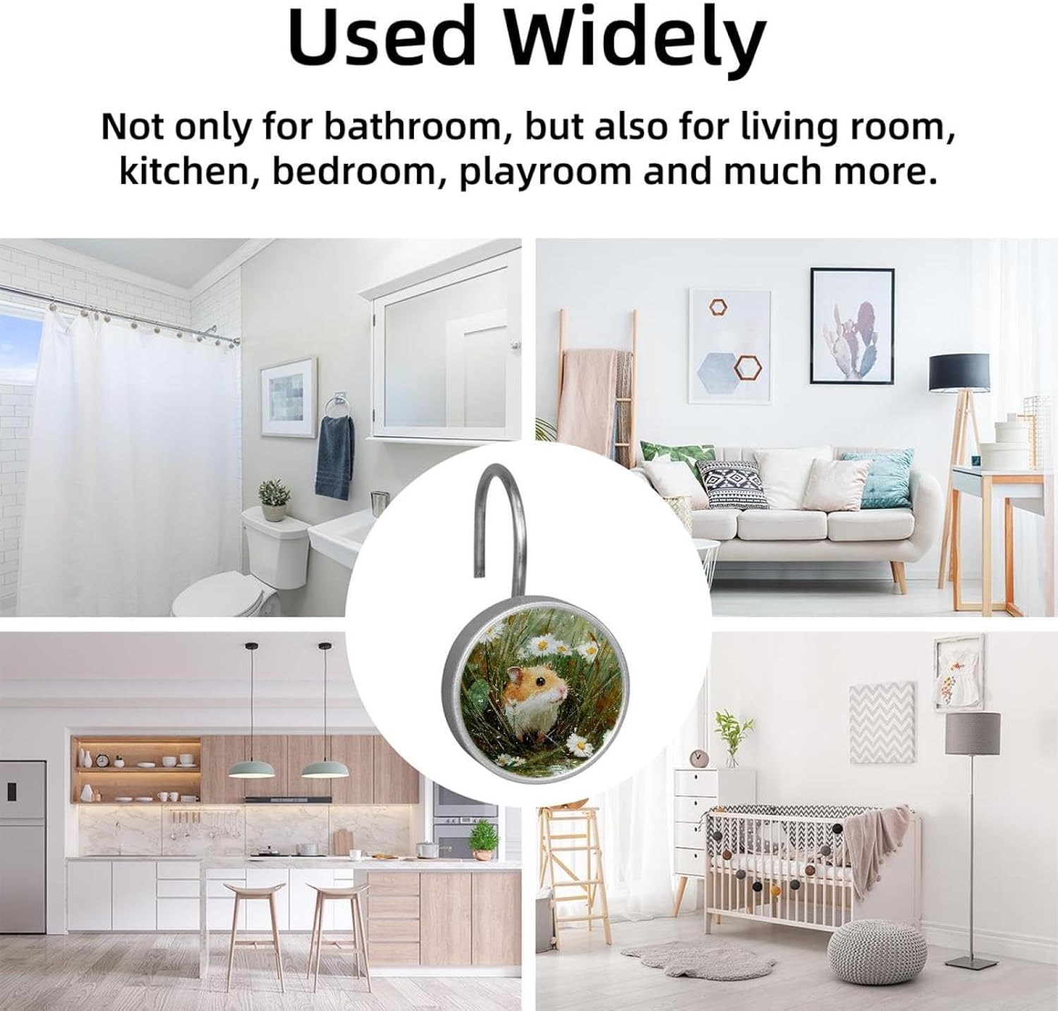 Set of 12 Cute Hamster on Daisy Grass (2) Shower Curtain Hooks, Stainless Steel Shower Hangers for Bathroom, Rustproof Decorative Shower Rings for Bedroom Living Room Shower Curtain Rod