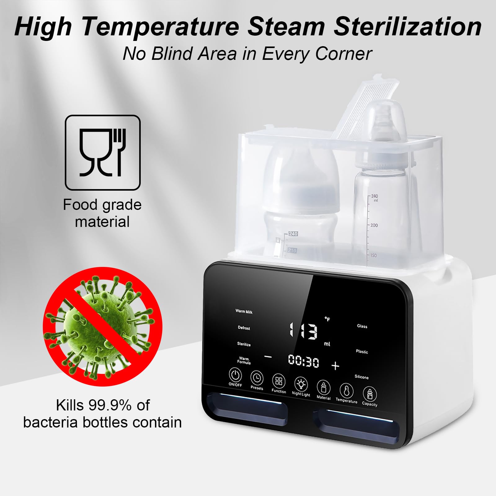 Flaschenwärmer Baby 9 in 1 Sterilisator für Babyflaschen - Babykostwärmer mit Temperatur - für 2 Flaschen mit LCD Display BPA-freier Fast Babynahrungsheizung Auftauen Voreinstellungen (Doppelflasche)