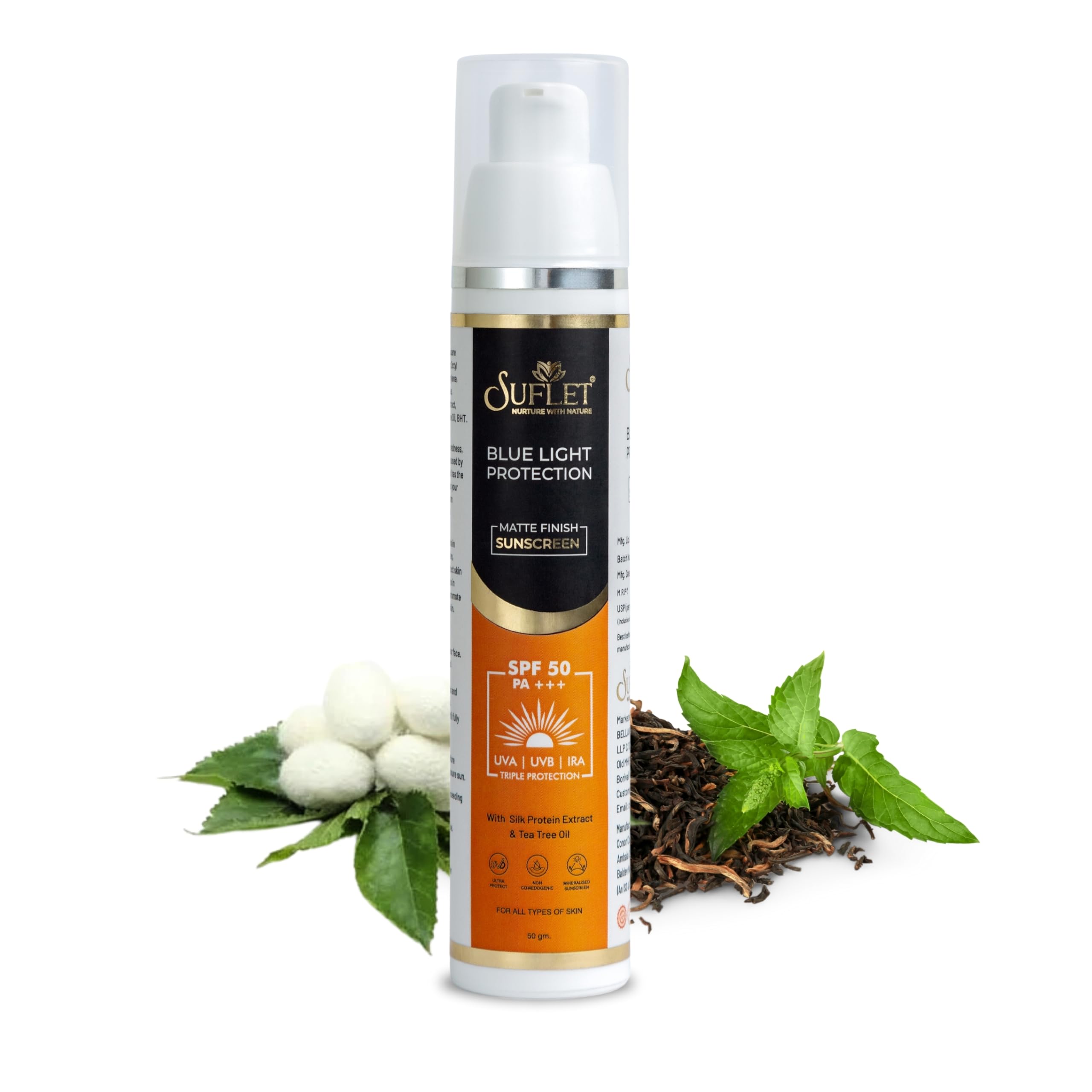 SUFLET Bluelight Sunscreen Gel SPF 50 PA+++ with Tea Tree Oil & Silk Protein, Matte Finish, Water-Resistant, No White Cast - For All Skin Types- 50g