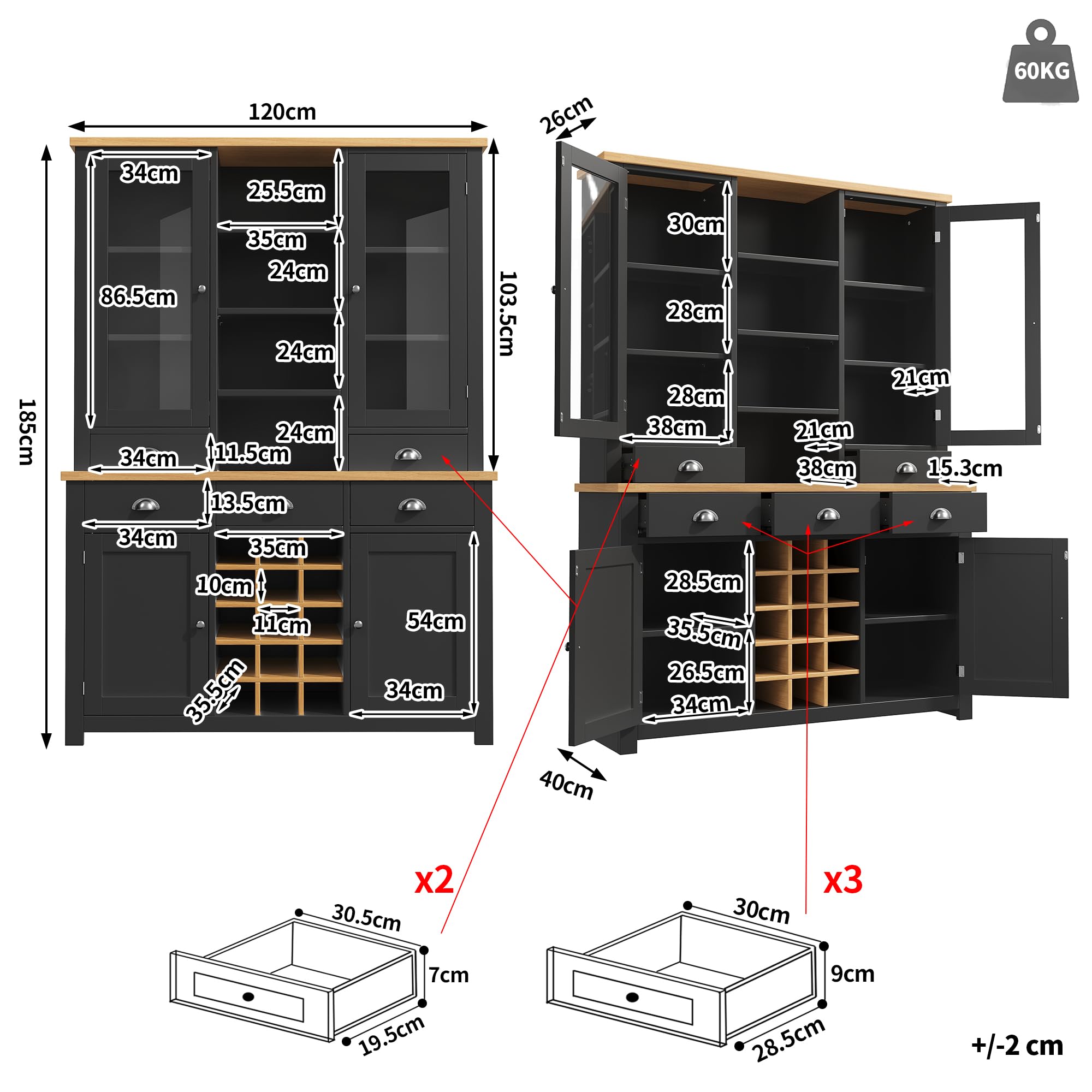Küchenschrank mit Arbeitsplatte, Buffetschrank mit Herausnehmbares Weinregal, Küchenhochschrank mit Kippschutz, Soft-Close-Funktion, Mehrzweck-Hochschrank für Küche und Wohnzimmer, Schwarz