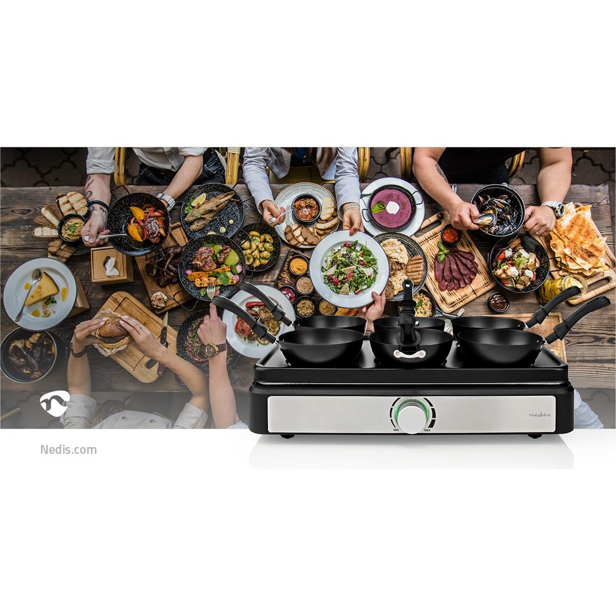 NEDIS FCRA310FBK6 set wok da tavola – per 6 persone – con mini wok e spatole – regolazione della temperatura – rivestimento antiaderente – design rettangolare – nero