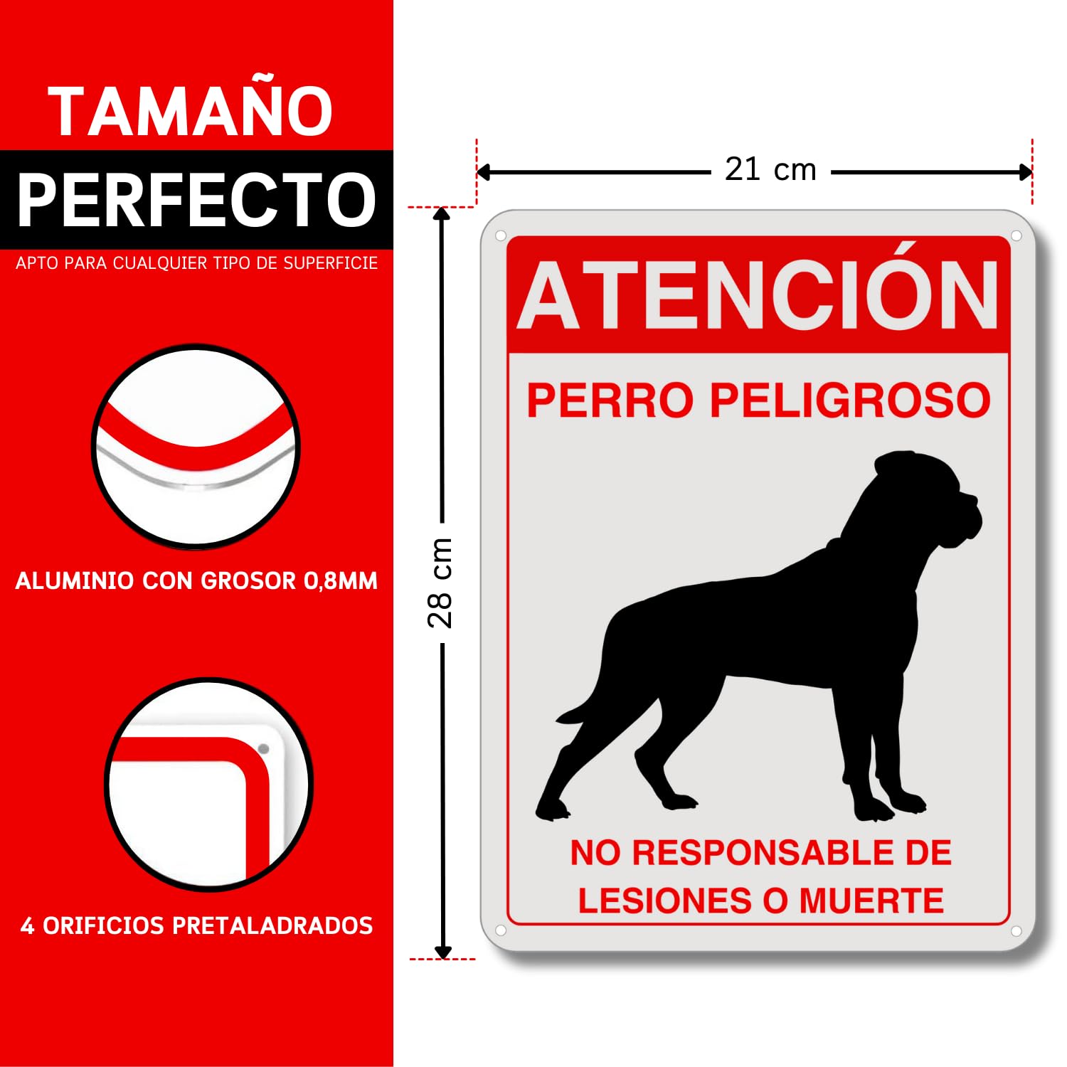 Cartel Perro Peligroso - 21x28 cm - Aluminio Reflectante - Grosor 0,8 mm - Letrero Cuidado Perros - Resistente Exterior - 2 Unidades