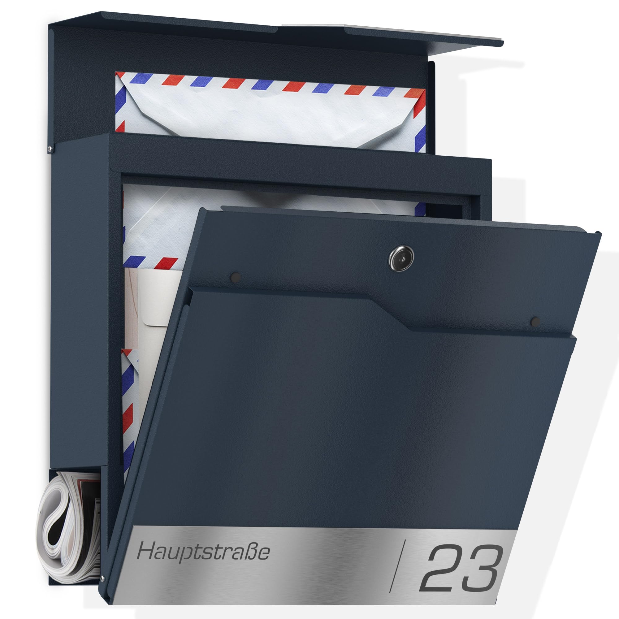 Buzón con Compartimento para periódicos en Antracita RAL 7016 – Buzón de Correo Personalizado de Acero Inoxidable Placa para Nombre de Calle – Buzón de Pared con candado y