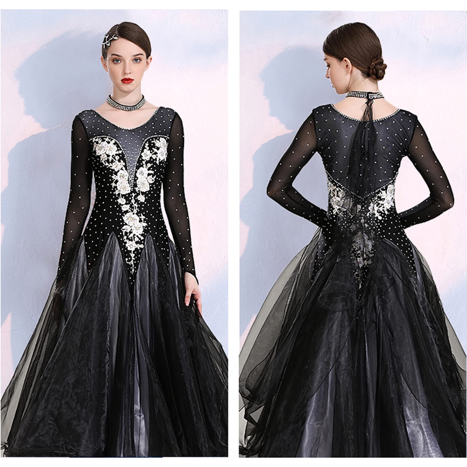Abiti da Ballo da Sala A Maniche Lunghe Abbigliamento da Competizione National Standard Salsa Valzer Scollo Rotondo Costumi da Spettacolo Moderno Flamenco Strass Luccicanti,A,S