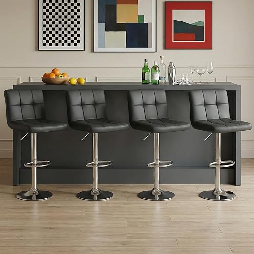 DUMOS Bar Stools Set of 4, 24 inch Counter Height Bar Stools, Upholstered Modern Kitchen Barstools with Metal Base, PU Leather Saddle Stools for Kitchen Island, Black