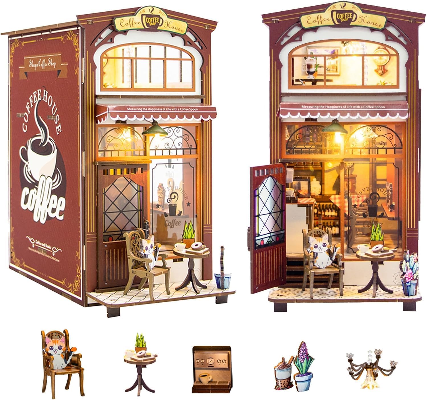 Kisoy Book Nook Kit, 3D Wooden Puzzle Booknook Build Bookshelf Decor, DIY Miniature House Kit for Adults and Teens, Mini House Arts & Craft Gifts for Family and Friends (My Coffee House)