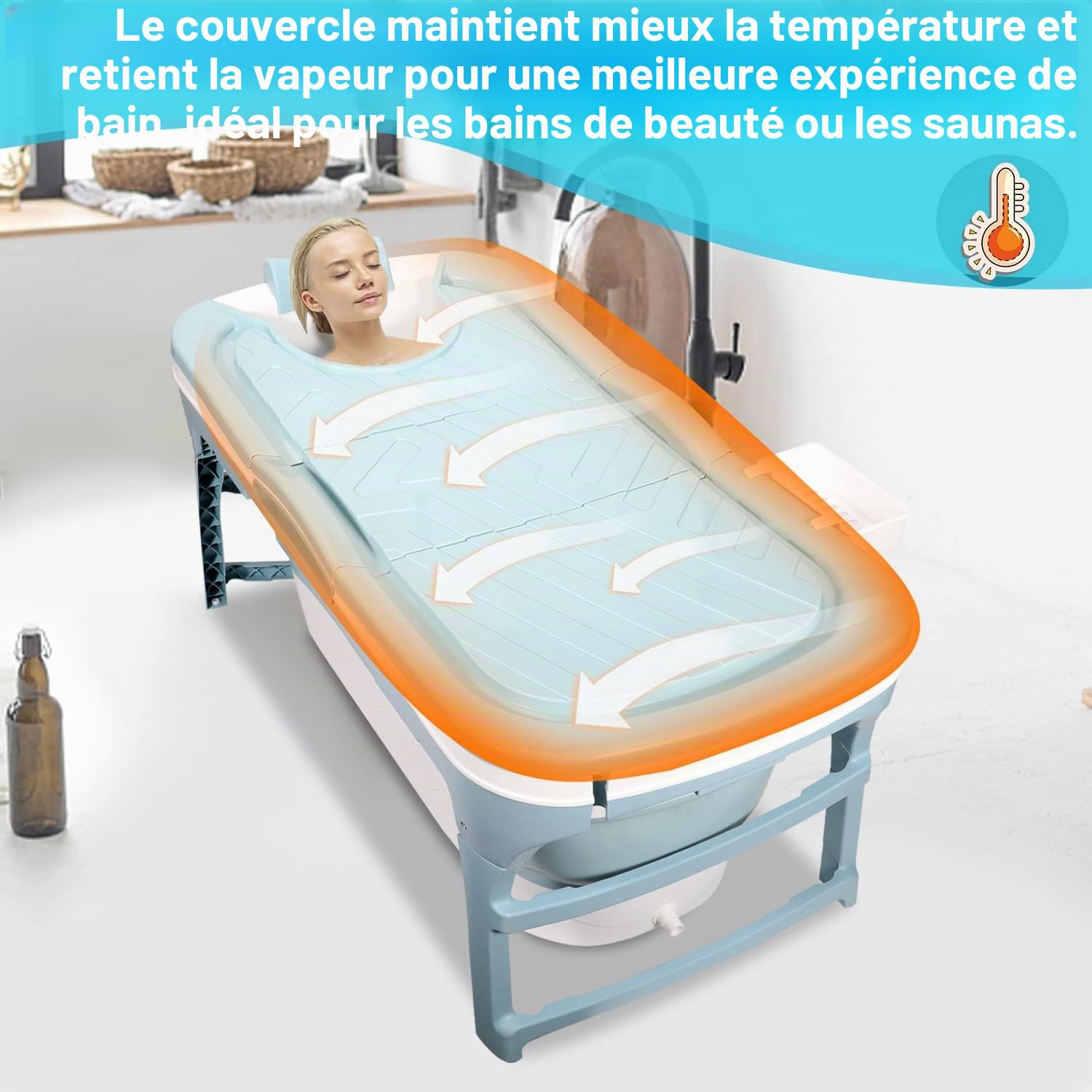 Jopassy Baignoire XXL pliable pour adulte 149 x 60 x 50 cm - Baignoire mobile pliable avec couvercle - Baignoire pliable pour adulte - Avec panier pour salle de bain, balcon et douche