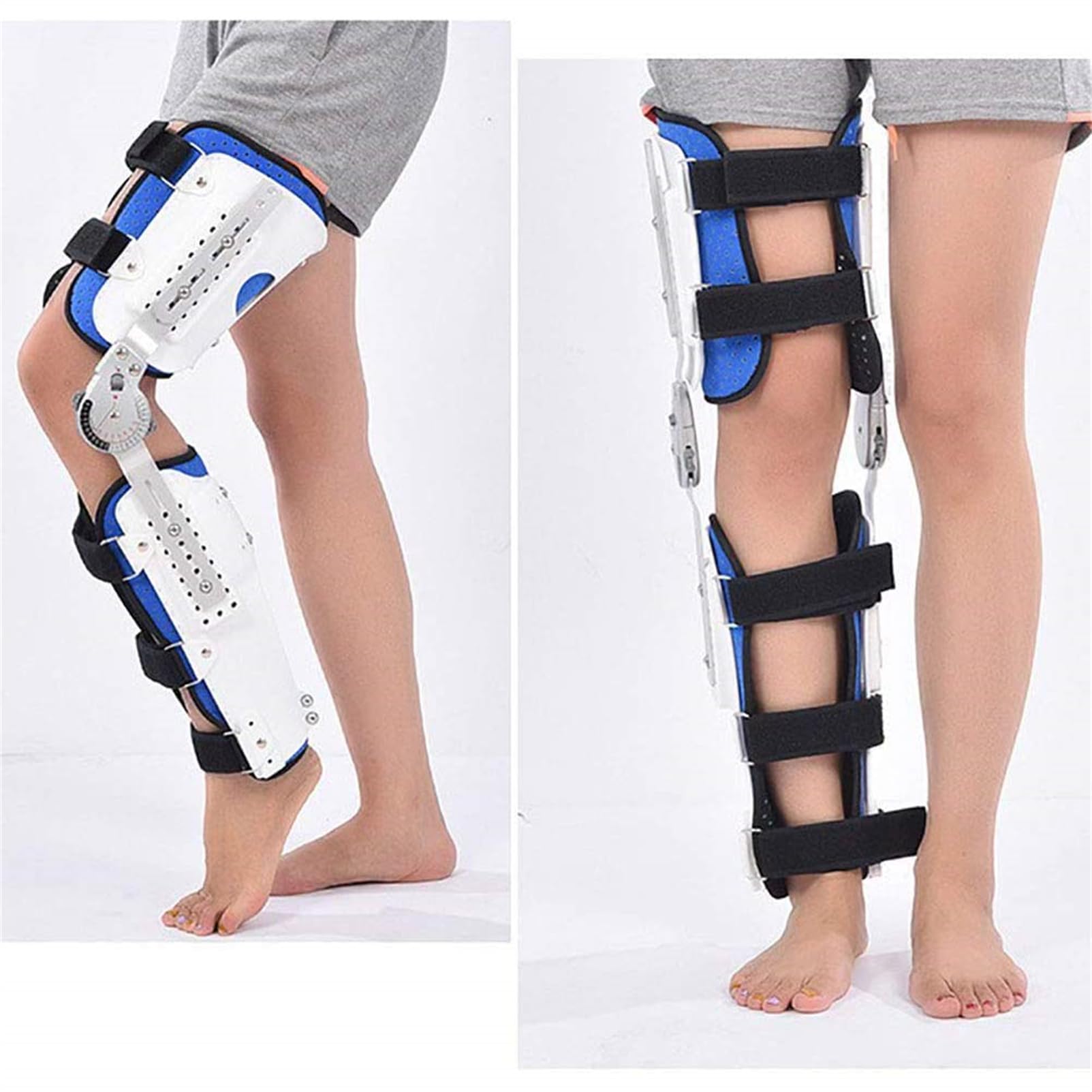 Brace de soporte de pie de rodilla con bisagras, protector de inmovilizador de ortesis posterior a la rodilla ajustable, férula de rodilla estabilizador de pierna completa para mujeres y hombres