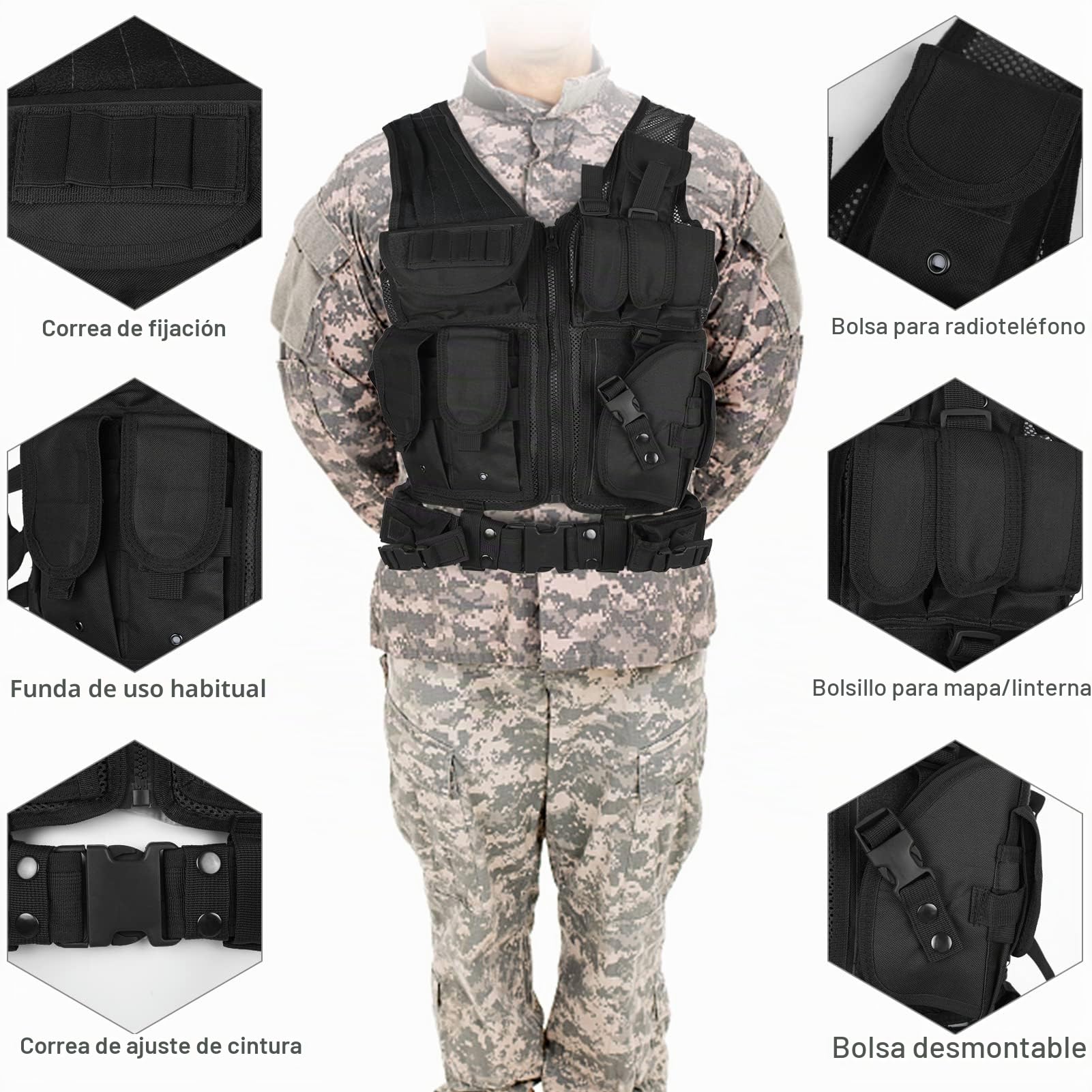 Lixada Chaleco táctico militar de poliéster para airsoft caza negro
