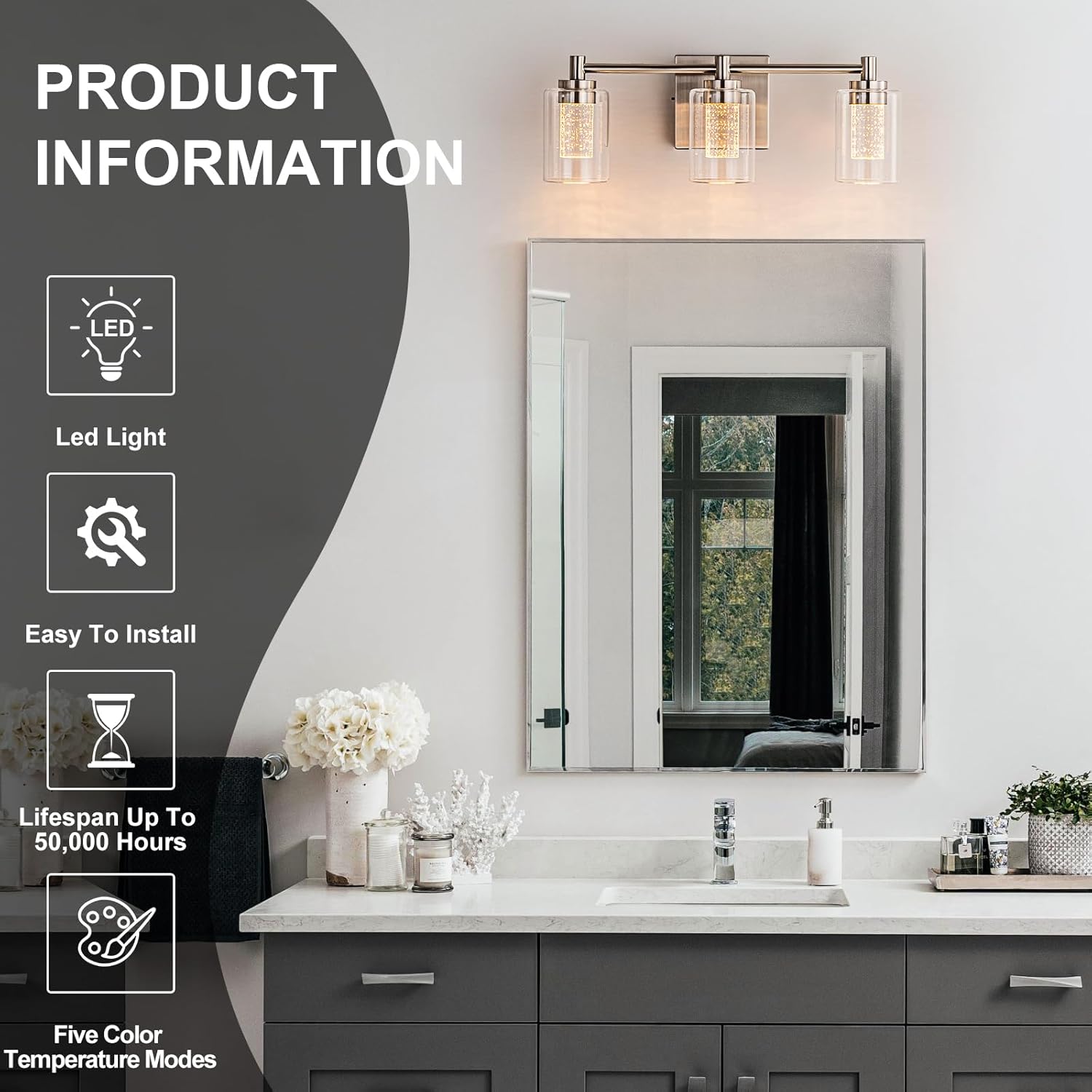 3-Light Brushed Nickel Vanity Light - Modern Bathroom Light Fixtures with 5 Color Temperatures, Eye-Caring LED Acrylic Light Column with Clear Glass Shade, White/Neutral/Warm Dimmable Wall Sconce