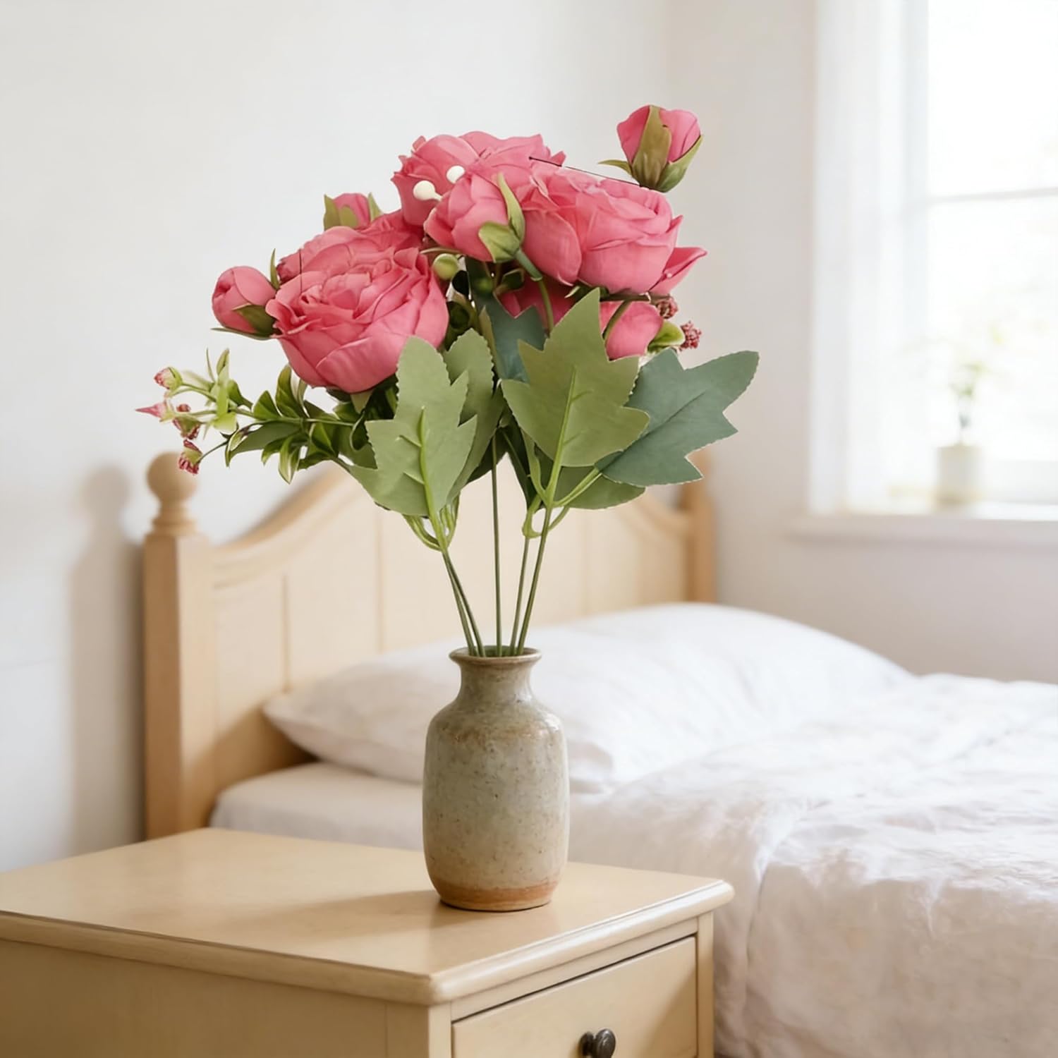 3Pcs Faux Rose Red Peonies with Stems Artificial Flowers, Fake Silk Peony Bouquet for Home Decor, Realistic Touch Real-Looking Peony Stems for Vase, Wedding Decor, Valentine's Day Gift