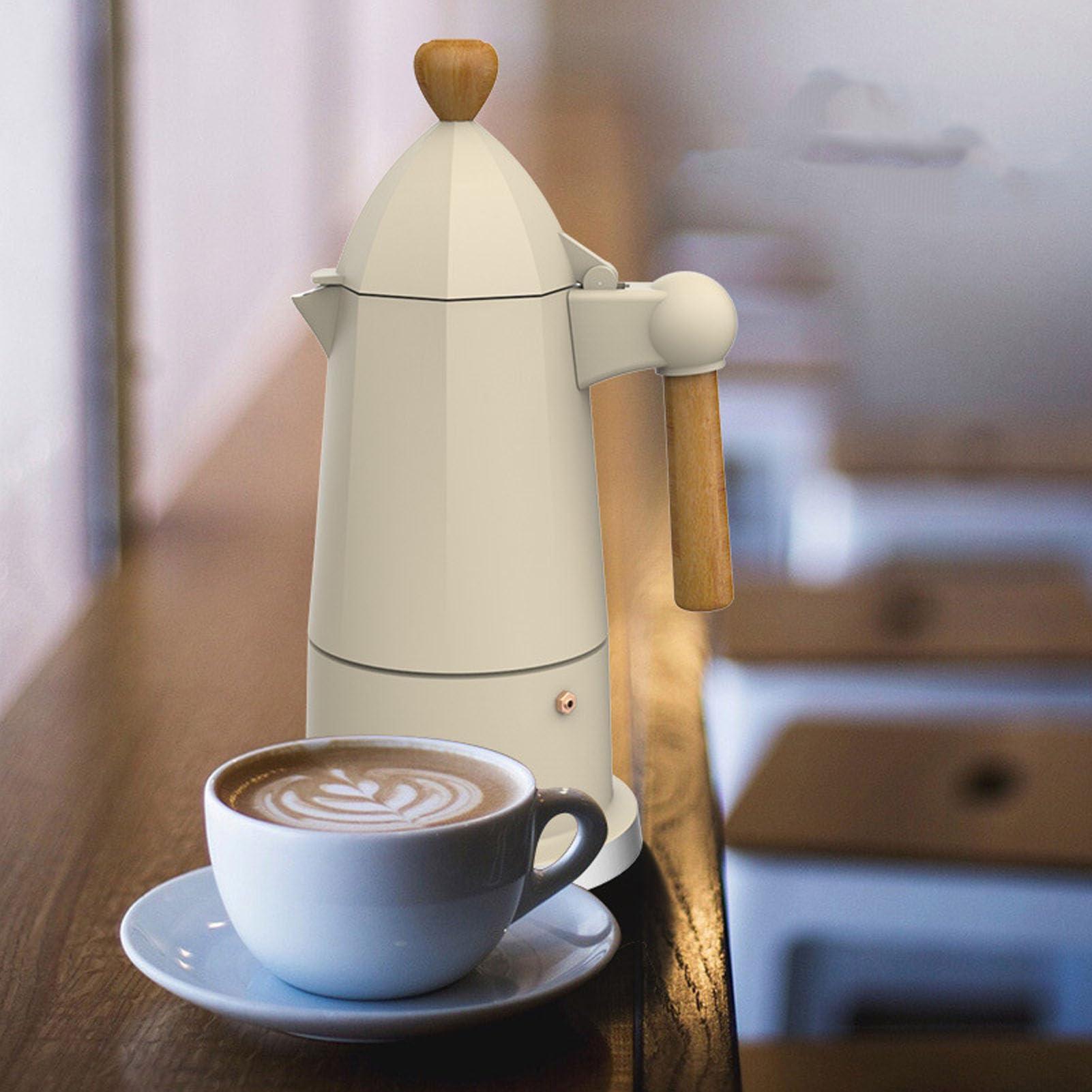 Sxhlseller Caffettiera da Piano Cottura 3 Tazze, Caffettiera in Lega di Alluminio con Manico in Legno di Faggio e Valvola di Rilascio di Sicurezza per Uso Domestico in Bianco, Design