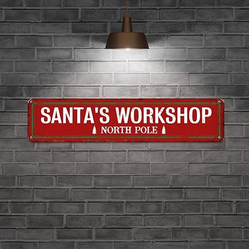 Vista 2 de Santa's Workshop North Pole Street Letreros personalizados de metal para exteriores, letrero de metal de bienvenida para Navidad, decoración