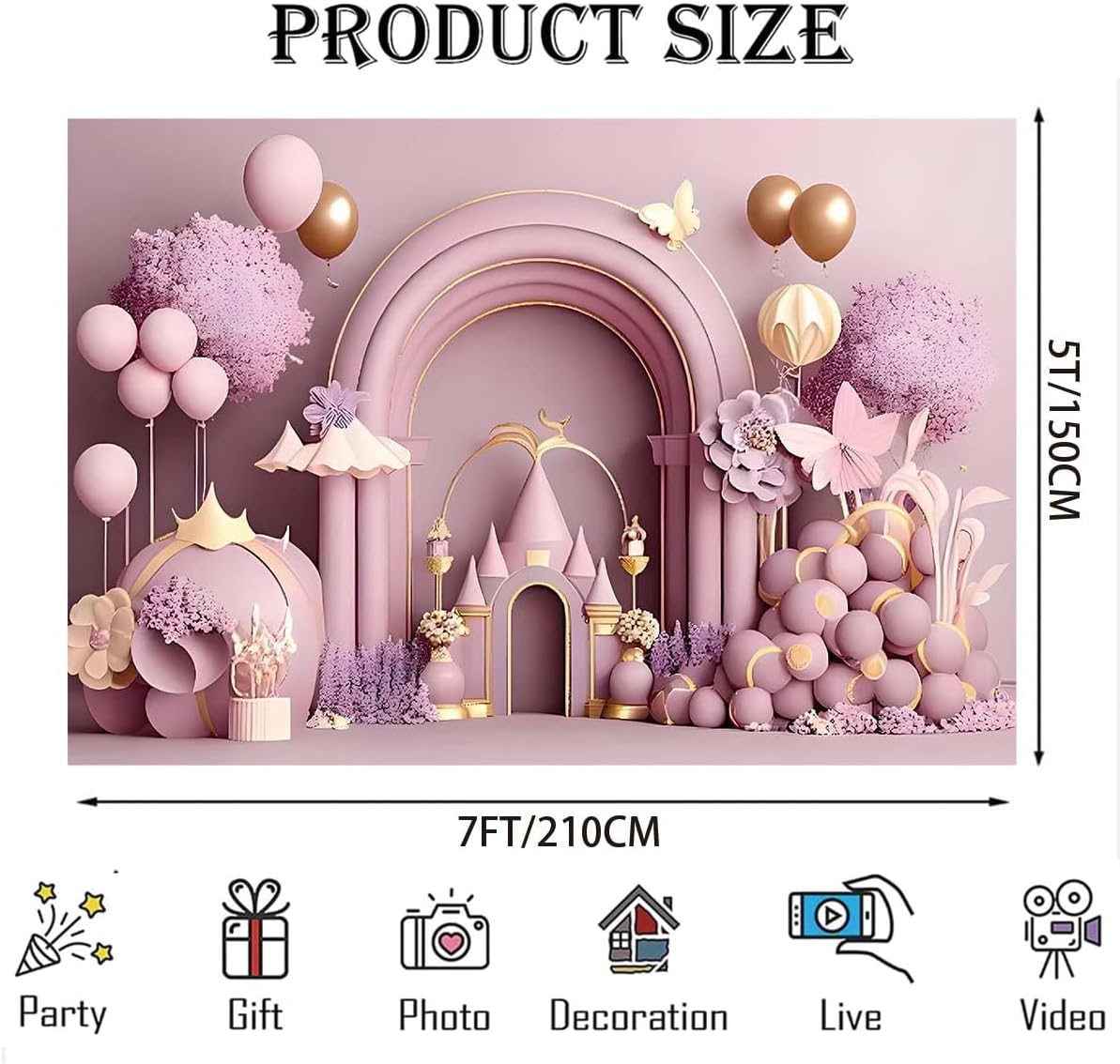 Girls Birthday Party Photography Background Arch Balloon Flower Castle Cake Crush Kids Portrait Photo Backdrop Fairy Tale Girl Birthday Party Decorations Supplies Cake Table Banner (Purple, 7x5feet) image 4
