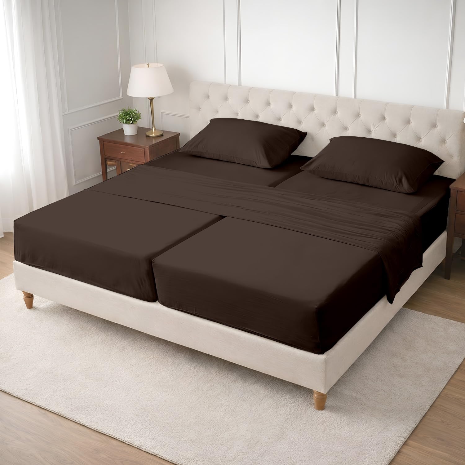 SGI Split King Sheet Set for Adjustable Bed Egyptian Premium Cotton 600 Thread Count Sheets for Sleep Number Bed 15" Deep Pocket 5 Pc Set with 2 Twin XL Fitted Sheets Soft Breathable -Chocolate