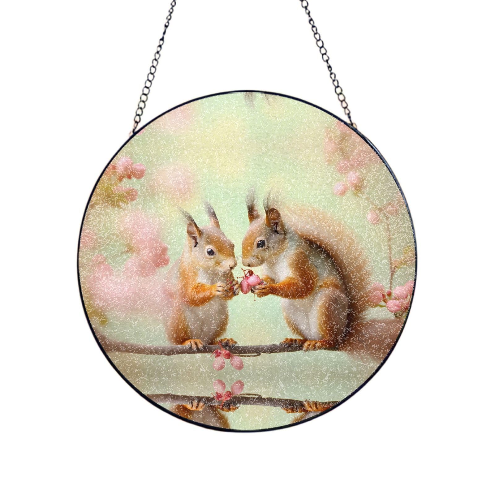 Poezjzw Stained Glass Window Hanging - Two Squirrels Picking Food Sun Catcher For Door Garden Home Decor Christmas Mother'S Day Birthday Gifts 6in（15cm）
