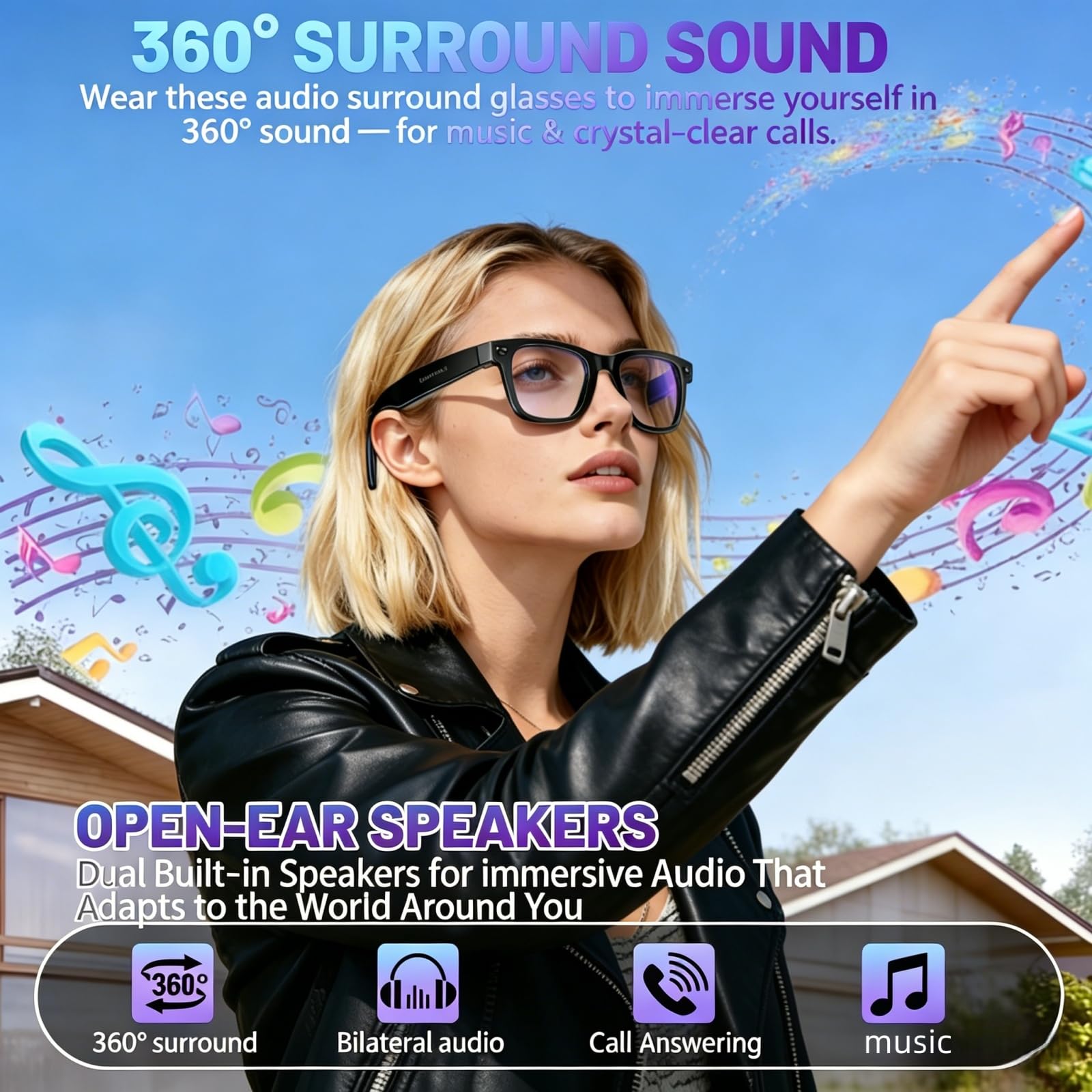 Smart Brille mit Kamera und Bluetooth, 800W HD Kamera, Open-Ear Audio Videoaufnahme Übersetzung KI-Brille mit elastischem Rahmen für Männer & Frauen, 300mAh Akku für Reisen, Laufen, Vlog, Meetings