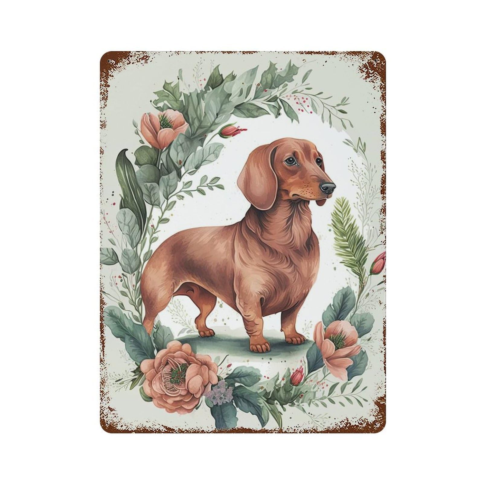 Dachshund Floral Portrait Weathered Tin Sign 15.7"x11.8", Shabby Chic Decor for Garage, Pub Or Kitchen