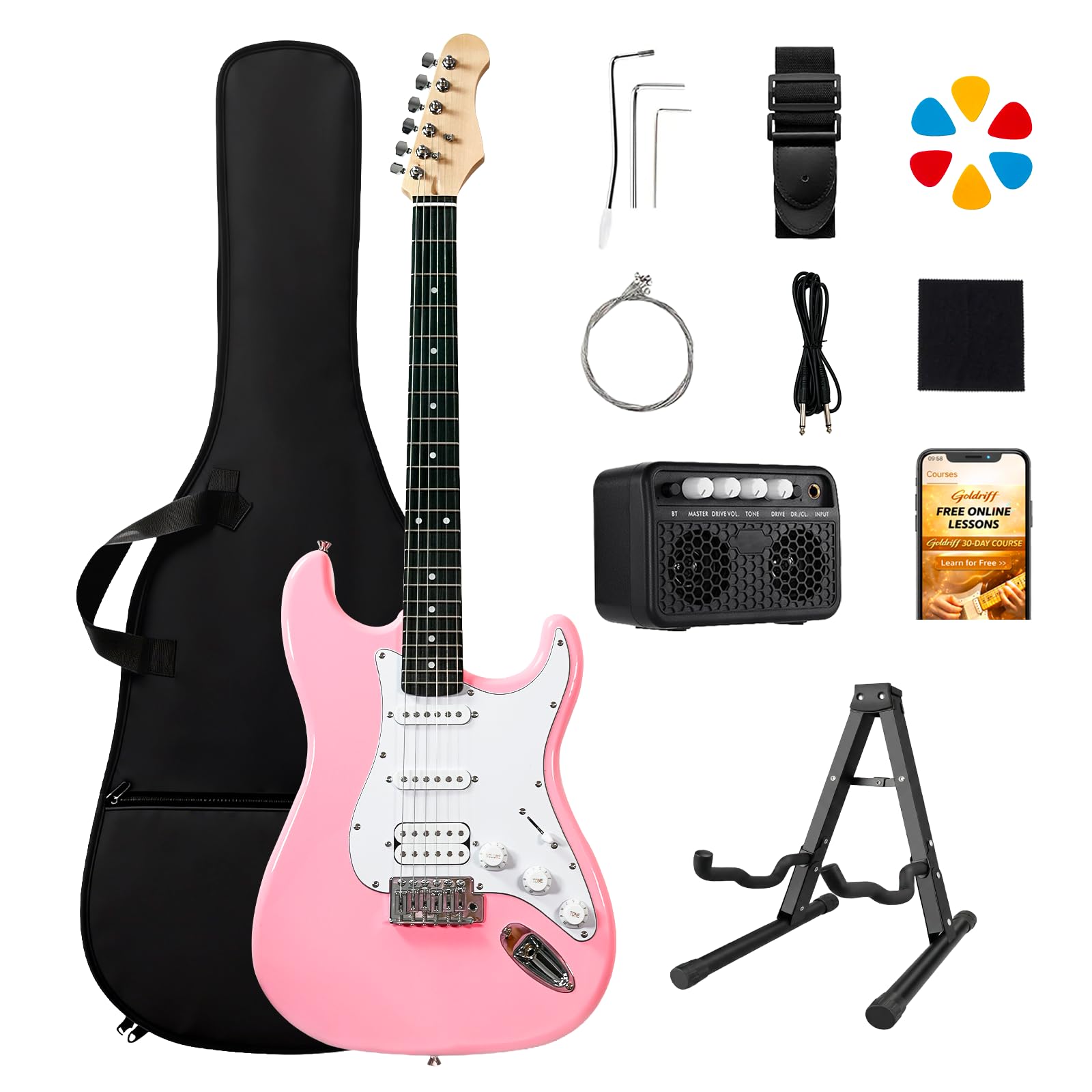 GOLDRIFF 39in Full Size Electric Guitar Starter Kit, Solid Body Electric Guitar Set for Beginners with 10W BT Amp, Stand, Gig Bag, Strap, Strings, Tremolo Bar, 6 Picks and Online Lessons (Pink)