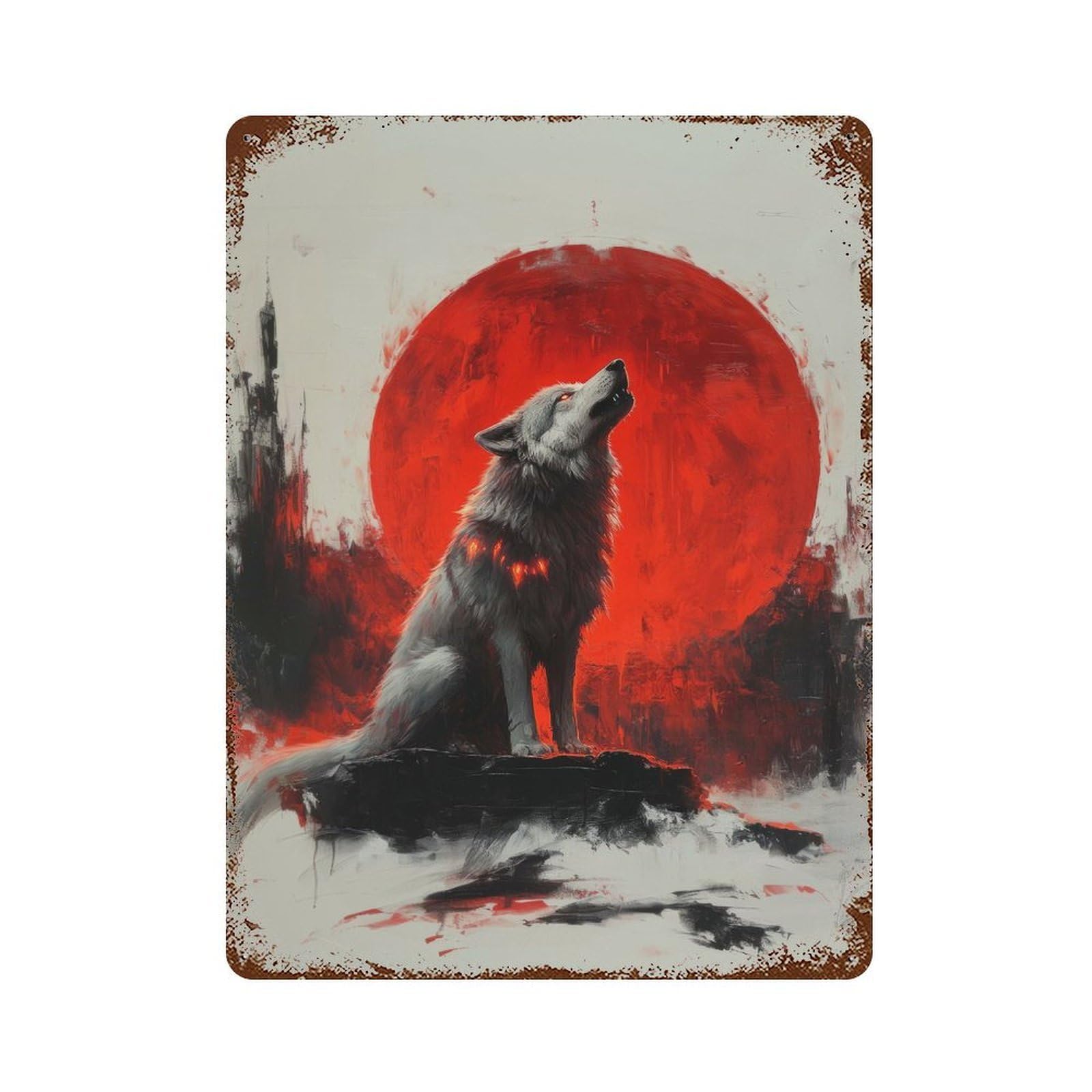 Wolf Howling at Red Moon Decorative Tin Sign 15.7"x11.8", for Bistro, Counter And Cafe Decor, Classic Wall Plaque