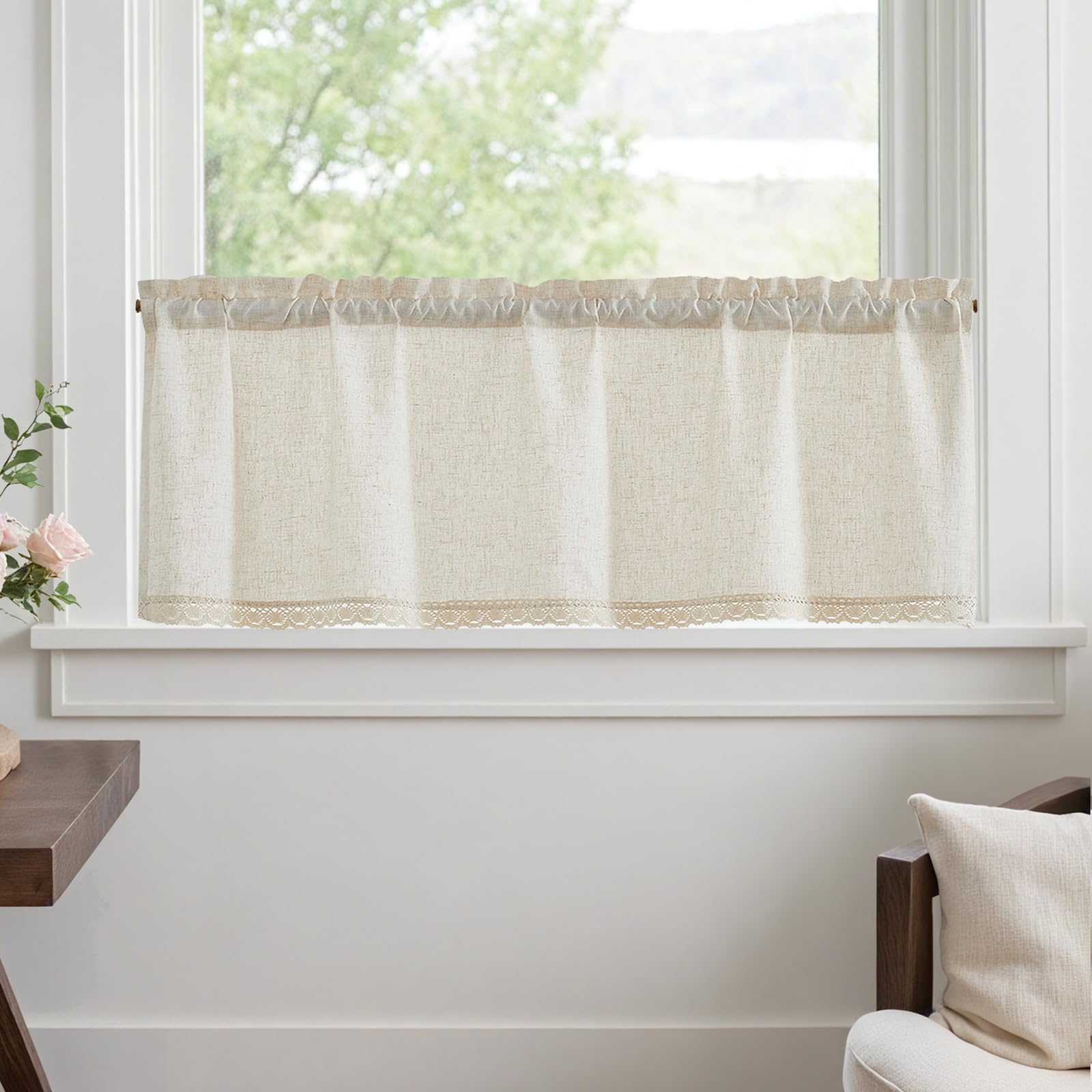 TOPICK Linen Blend Kitchen Curtain, Lace Cafe Curtain 1 PC, Crude W59 xL18