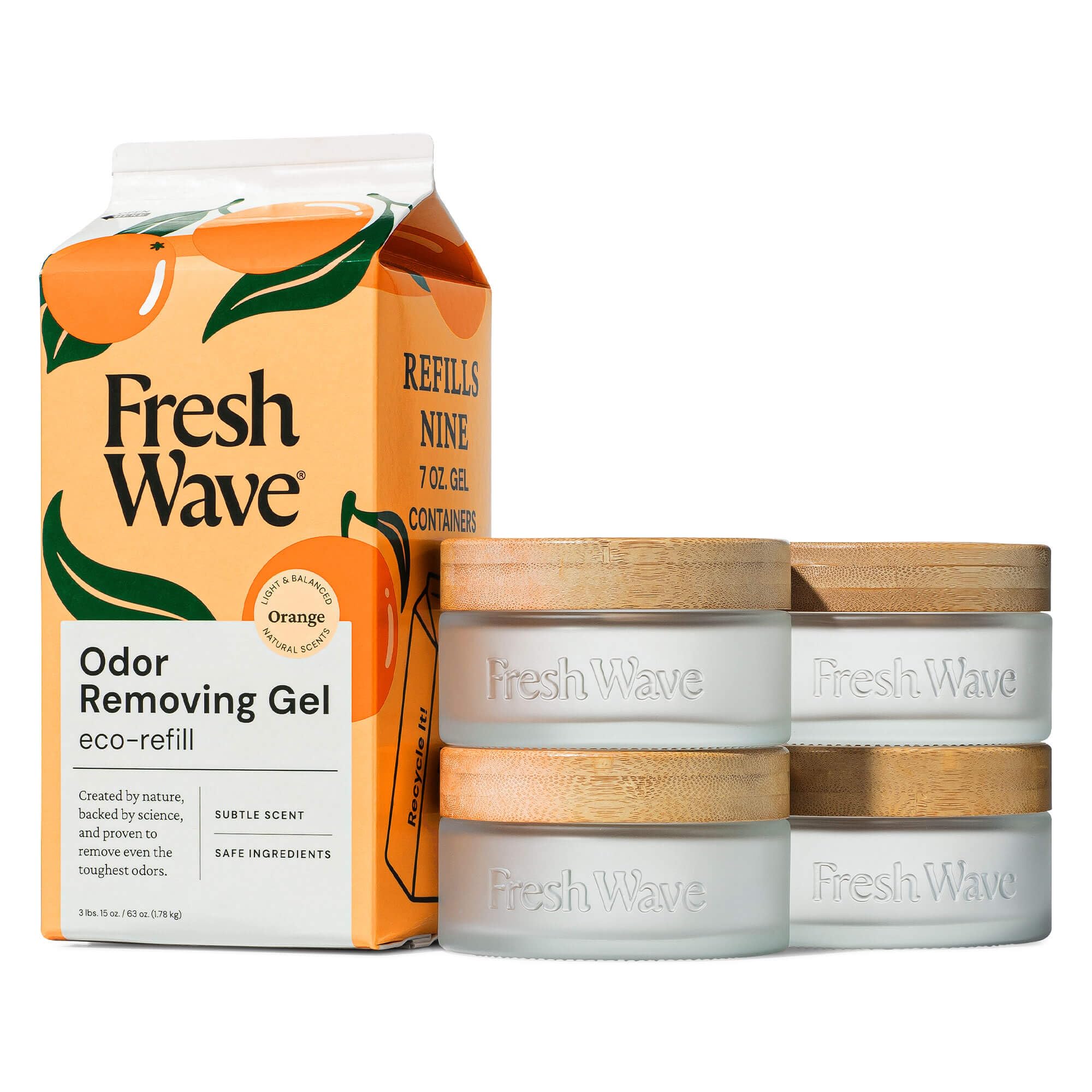 Fresh Wave Odor Removing Gel 4-Pack Glass Jar &amp; 63oz Refill, Orange