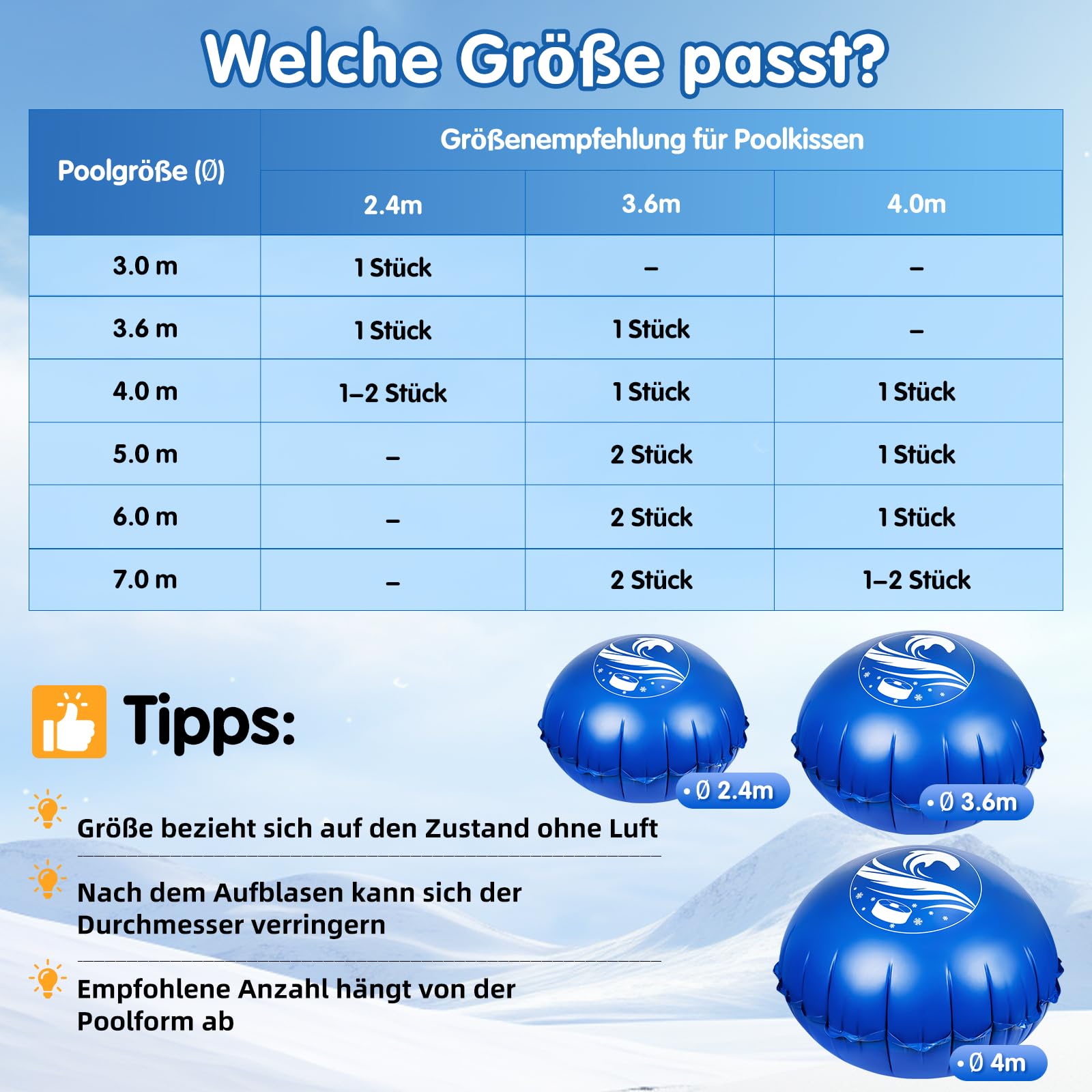 Poolkissen Winter rund Ø 3,6 m für Aufstellpools, Pool-Luftkissen | Winterkissen für die Poolabdeckung aus 0,6 mm PVC mit Doppelnaht, kältebeständig, aufblasbar, mit Seil zum Eisdruckausgleich