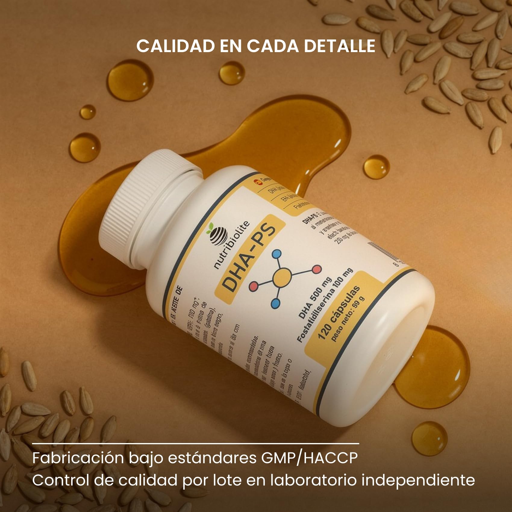 500 mg Omega 3 DHA TG (Triglicéridos) + 100 mg Fosfatidilserina Sin Soja - Memoria y Concentración - Embarazo y Lactancia - Alta absorción - 120 Mini-Perlas | DHA-PS Nutribiolite