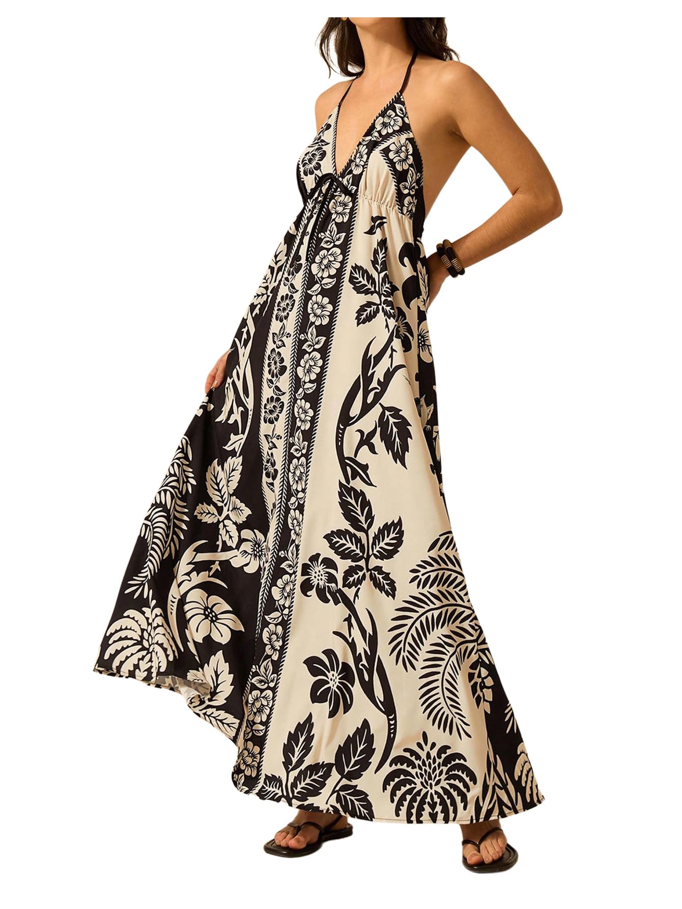 SHENHE Women's Summer Tropical Floral Halter Backless Flowy Boho Maxi Dress
