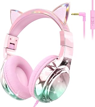 QearFun Cat Ear Kids Headphones with Cord, Wired Headset for Kids Girls Boys with Mic, 85/94dB Volume Limit, Foldable Over-Ear 3.5mm On-Ear Design, Sharing Port for School, Chromebook, Tablet, Travel