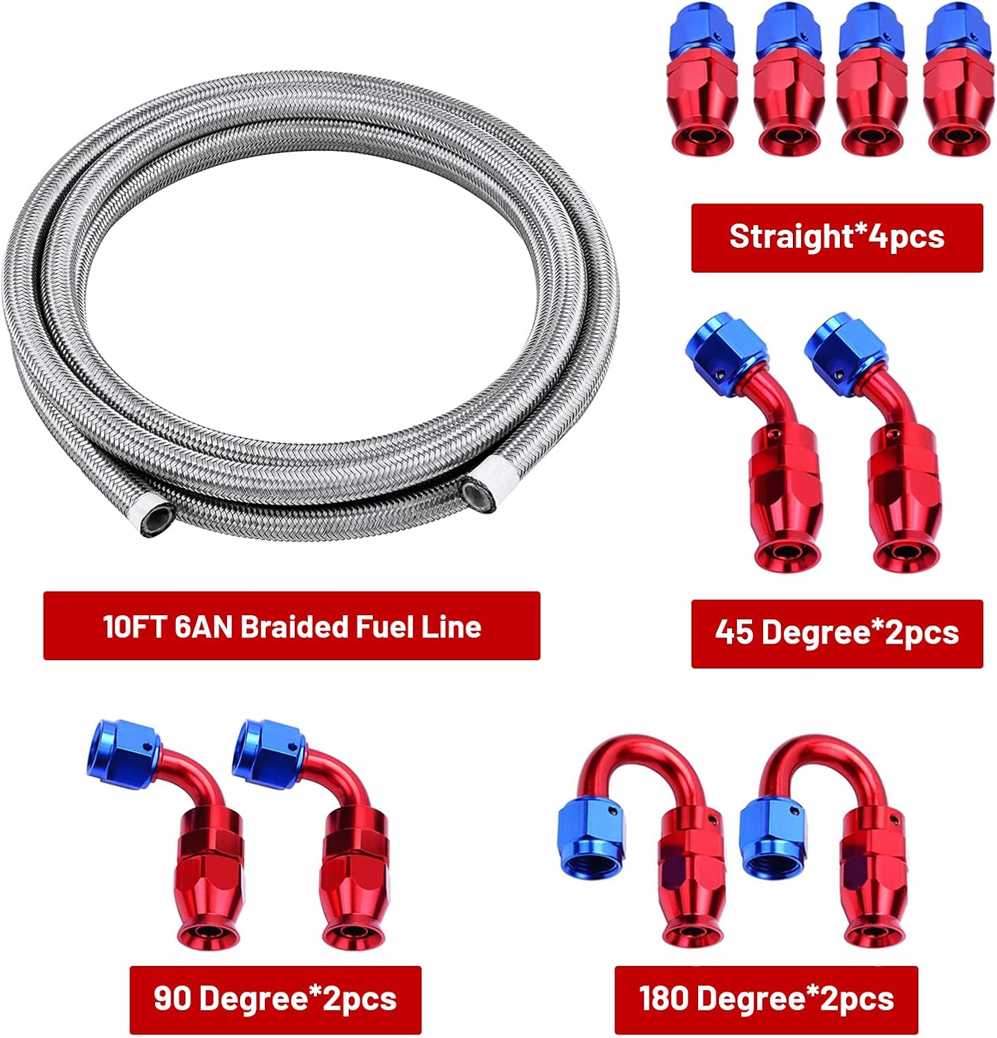 6AN 10FT PTFE Fuel Line Fitting Kit, E85 Nylon Braided Fuel Hose with 10PCS Aluminum Swivel Fuel Hose Fitting Adapter Kit - Red & Blue