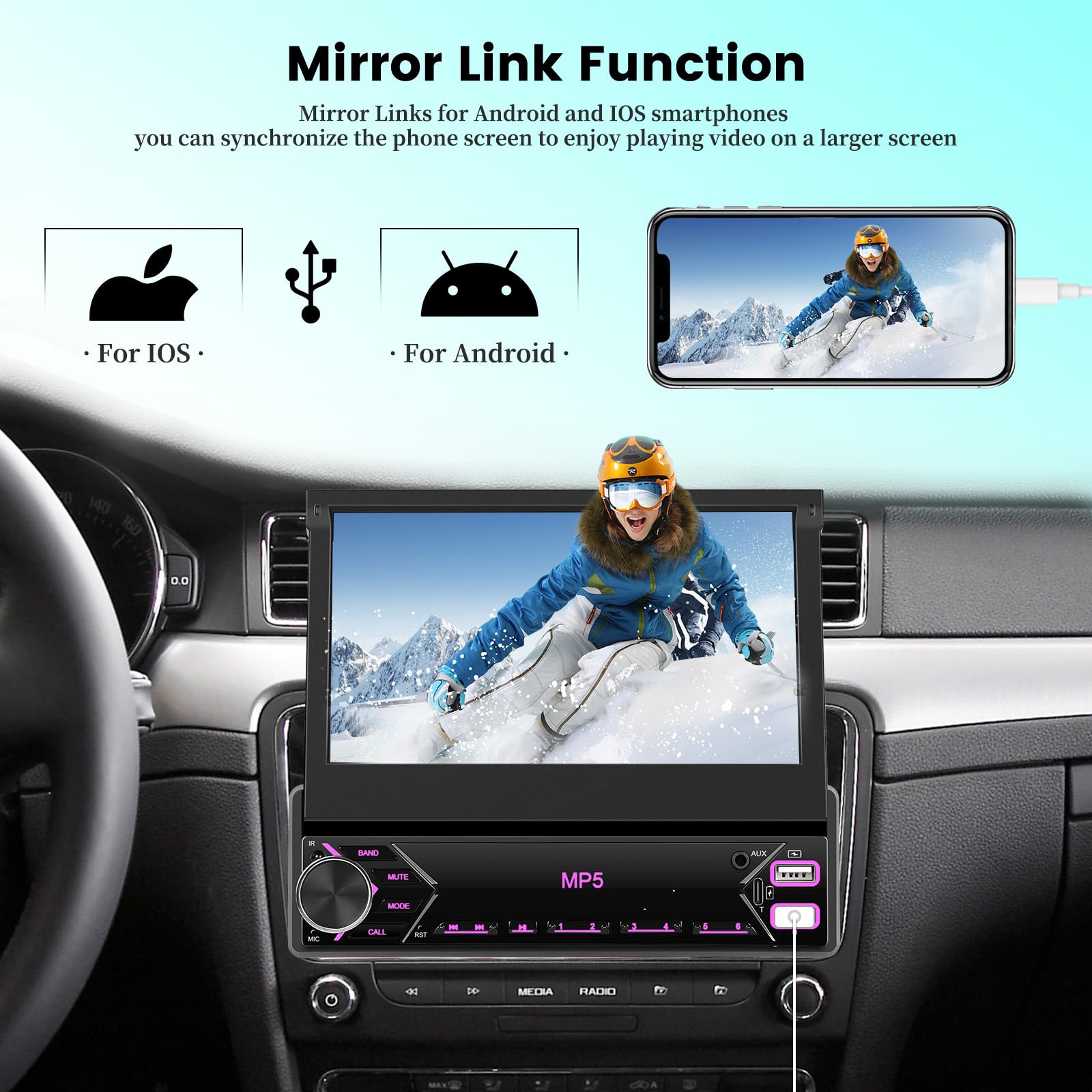 Autoradio 1 DIN Bluetooth, Schermo Retrattile da 7 Pollici Touchscreen Auto Stereo Mirror Link FM RDS USB Type-C AUX Microfono Telecamera di Backup