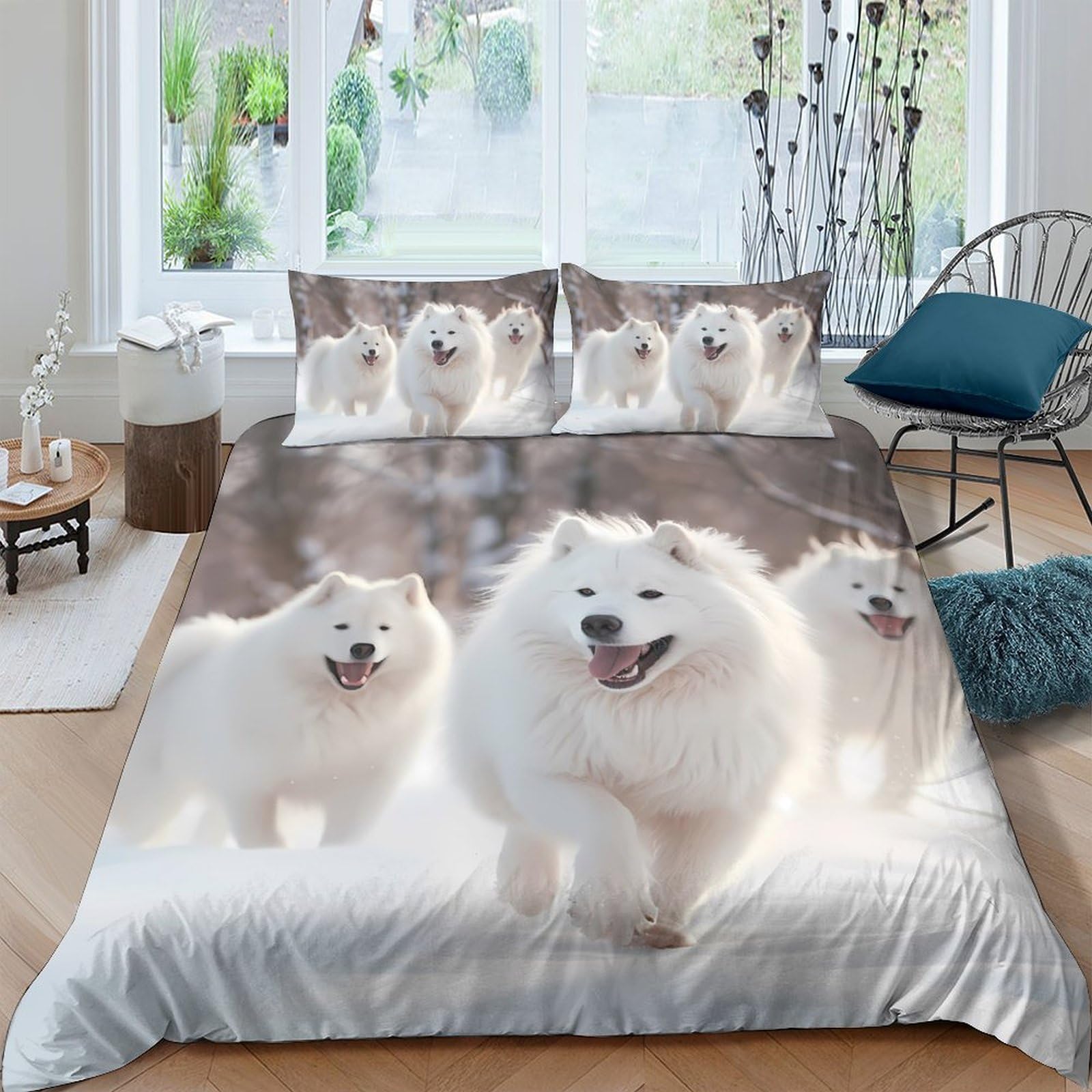 GPLZQXKJNH 3D Printed Fluffy White Dog Duvet Cover Microfiber Soft Breathable Samoyed Quilt Cover Set with 2 Pillowcases for Bedroom Decor 115 Single（135x200cm）