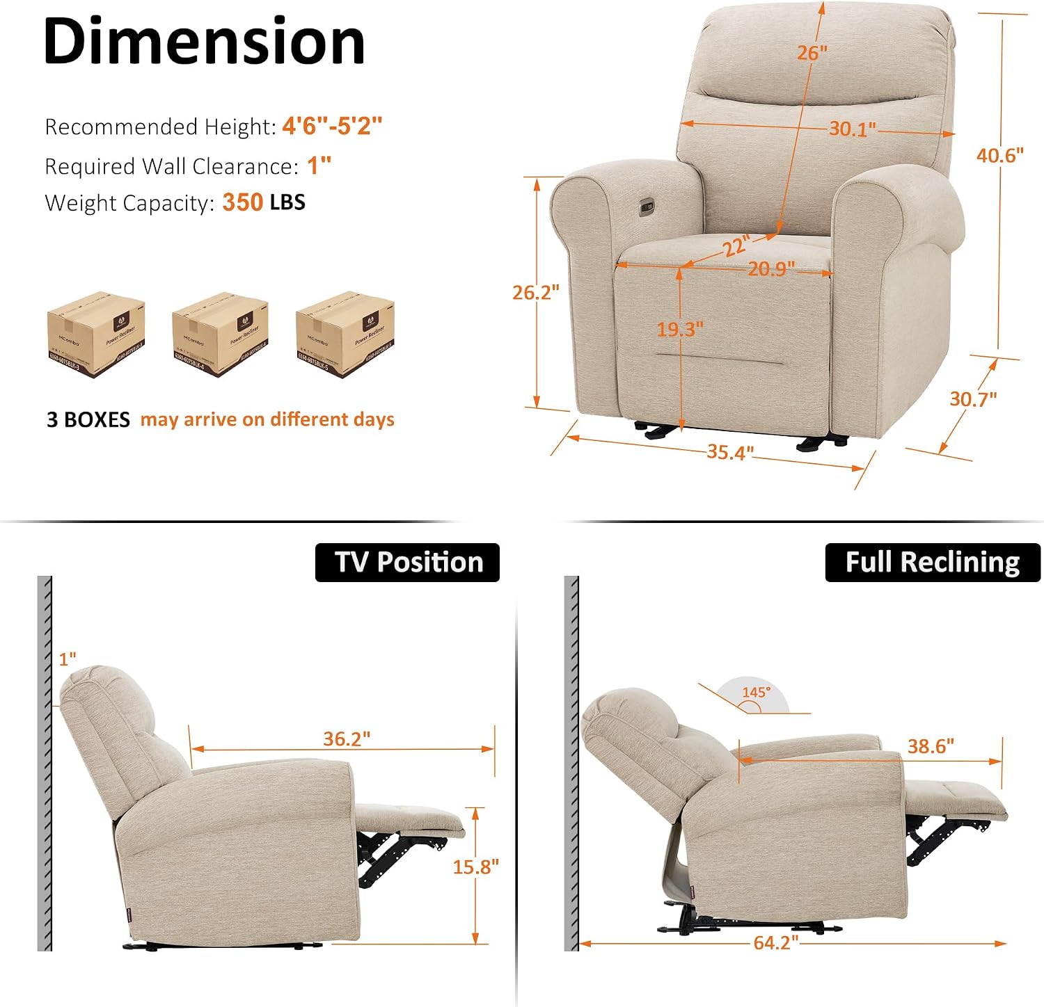 MCombo Compact Wall Hugger Power Recliner Chair for Small Spaces, Dual USB-A/C Ports, Rolled Arm Recliner for Living Room & RV, Fabric PR520 (Beige, Small)
