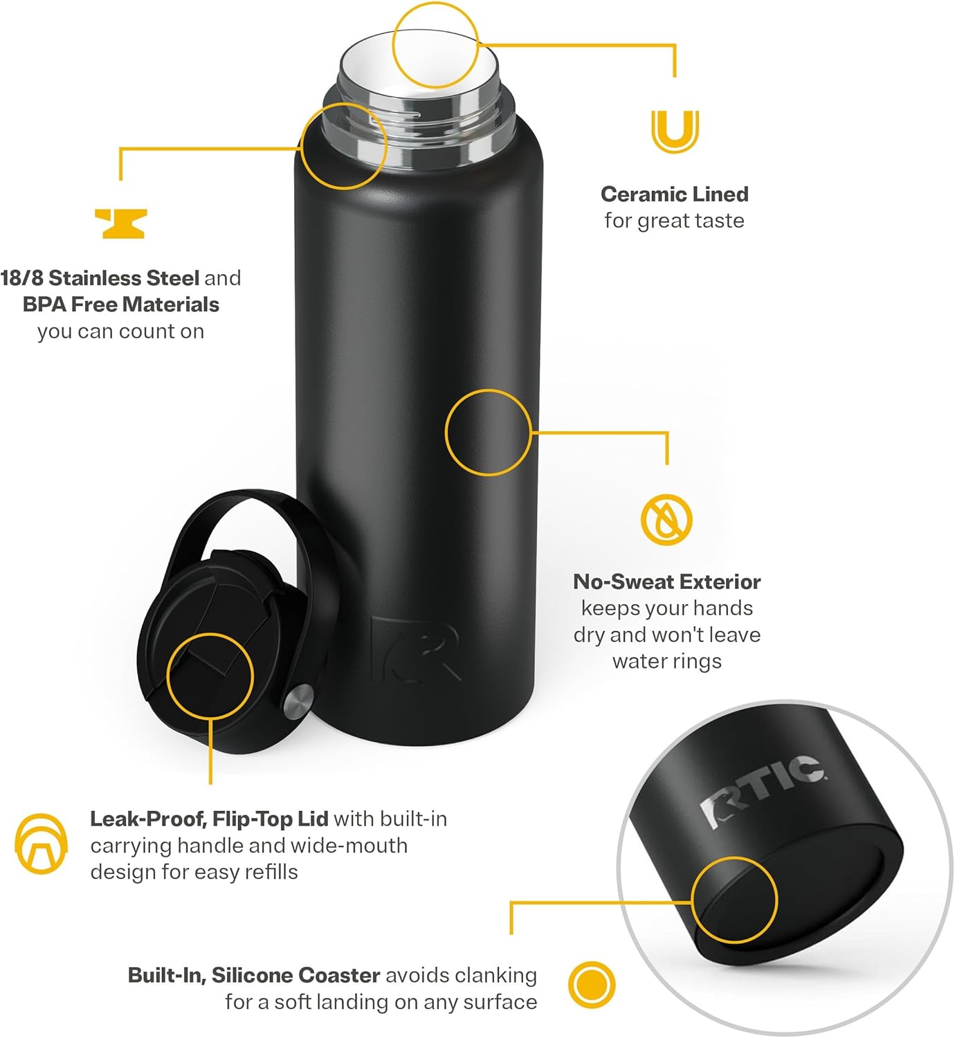 RTIC 40oz Outback Water Bottle, Ceramic Lined, Insulated, Stainless Steel, Double Wall Vacuum-Insulation, Leak-Proof Lid, BPA-Free Water Flask Hiking, Running, Sports, Outdoor, Black - Image 3