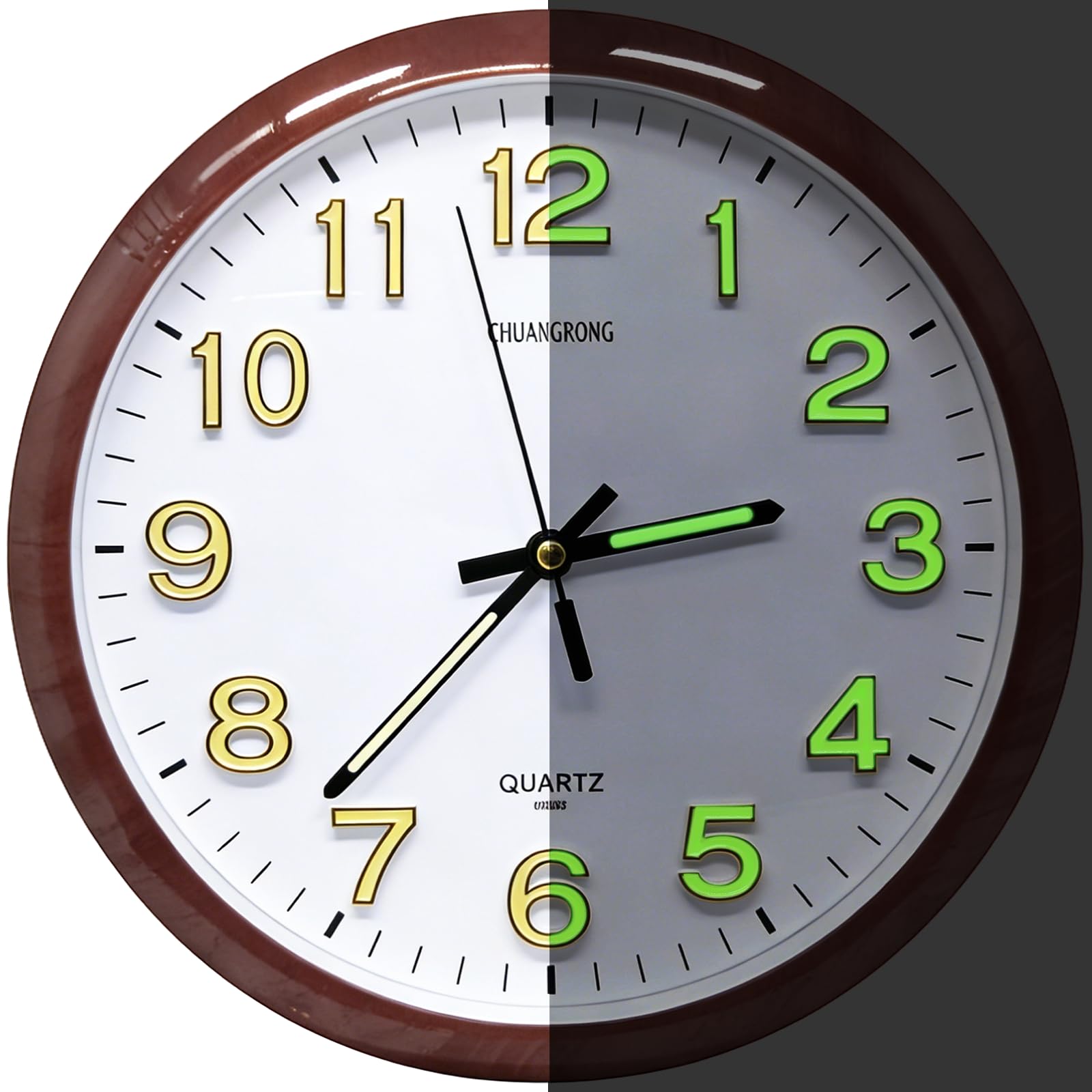 Glow in The Dark 3D Numerals Wall Clock，12 Inch Retro Silent Non-Ticking Battery Operated Easy to Read Vintage Analog Clocks for Living Room Kitchen Office Bedroom Decor