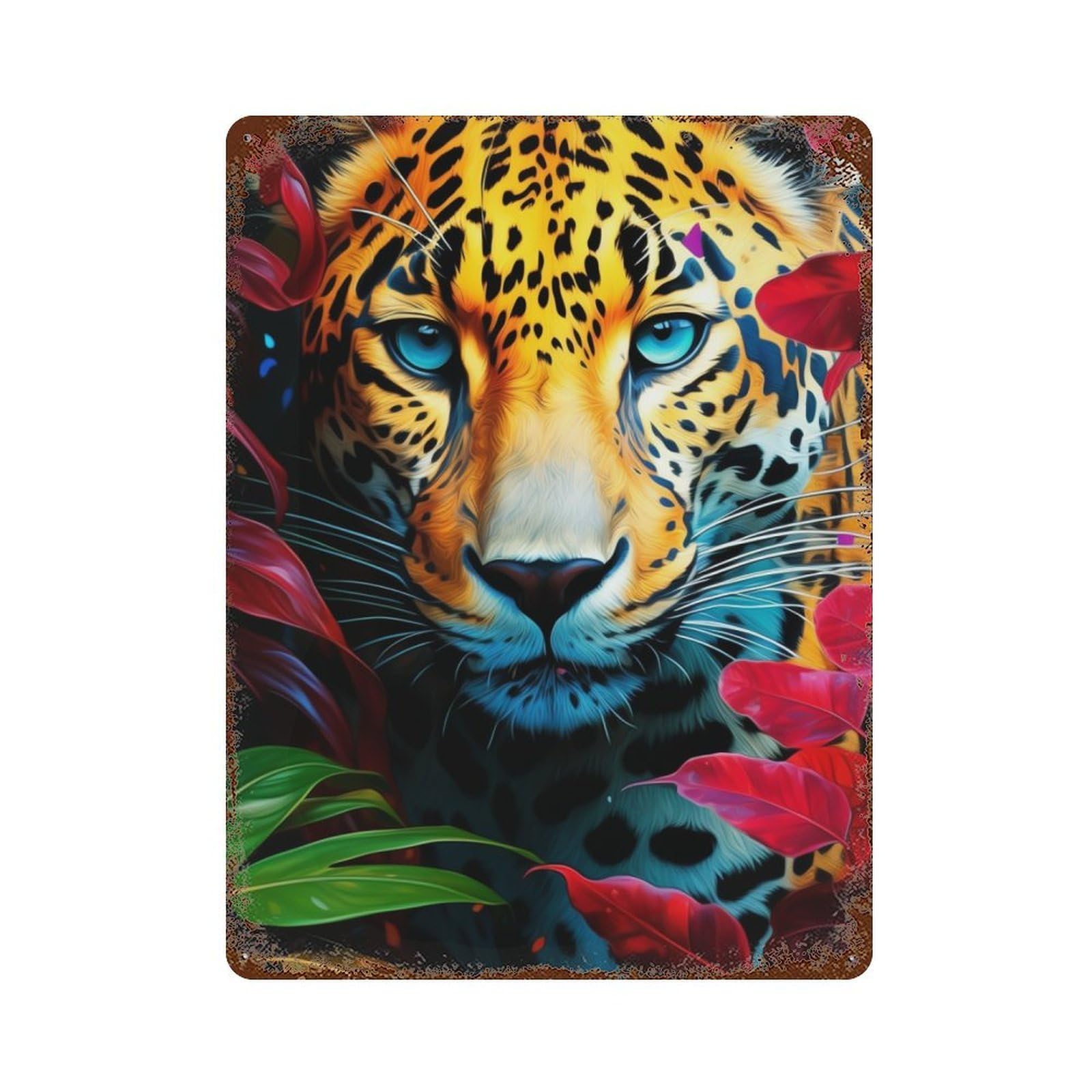 Weathered Tin Sign Jaguar in Tropical Jungle 15.7"x11.8", Rustic Home Decor for Bistro, Counter And Cafe Decor