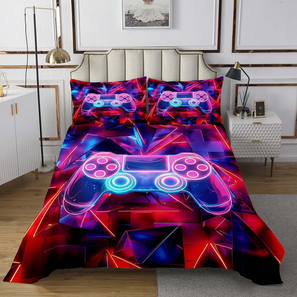 jejeloiu Gamer Bedspread King Size Kids Game Controller Coverlet for Boys Teens Gaming Gamepad Gifts Coverlet Set Game Room Decor Purple Room Decor