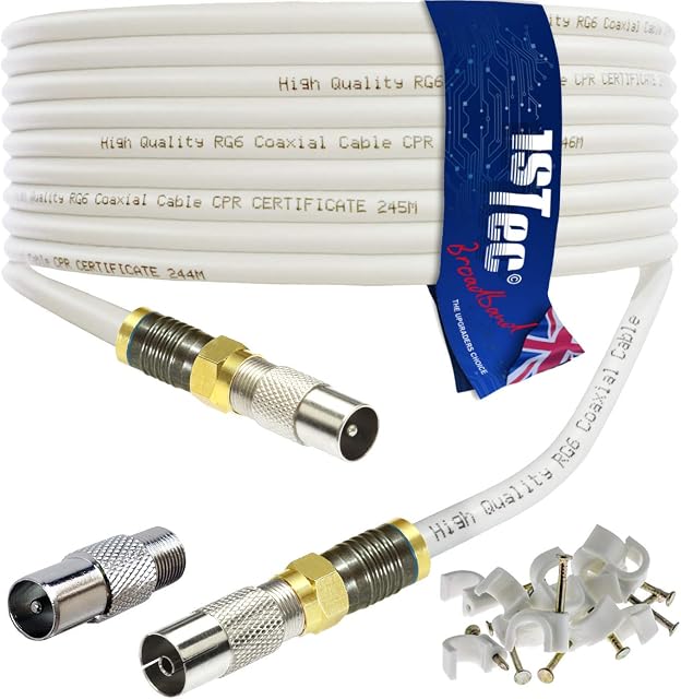 1STec 7m Digital TV Male to M/Female Gold Plated F-Connector Cable for FreeView HD Freesat BT YouView Satellite Dish or Rooftop Aerial to Wall Box Plug or Socket Lead (7 Metre, White)