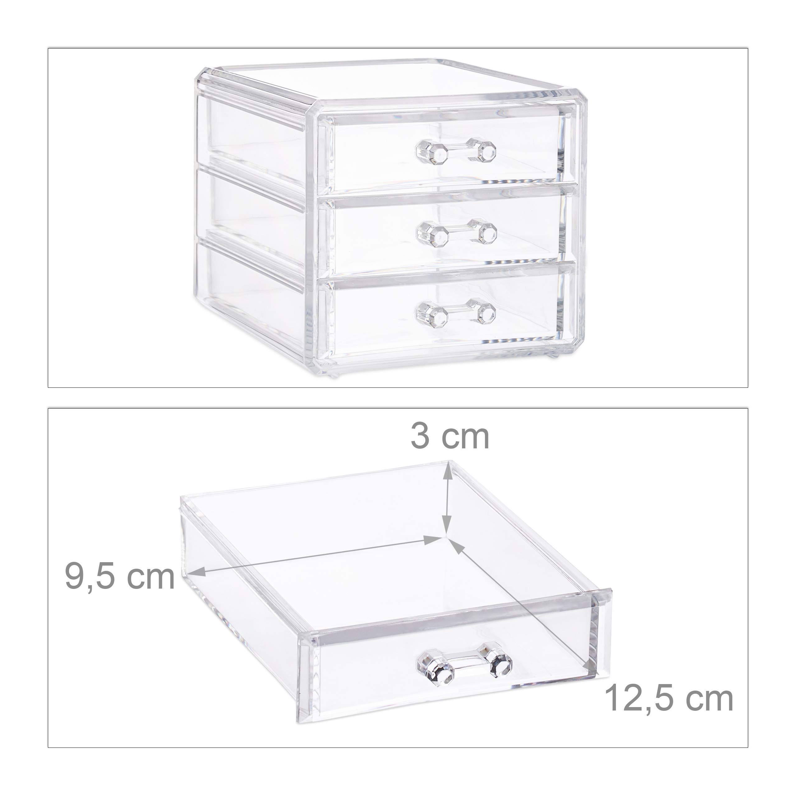 Relaxdays 10024641_50 Contenitore Cosmetici, Porta-Trucchi, Make-Up Orga, Trasparente, 3 Cassetti