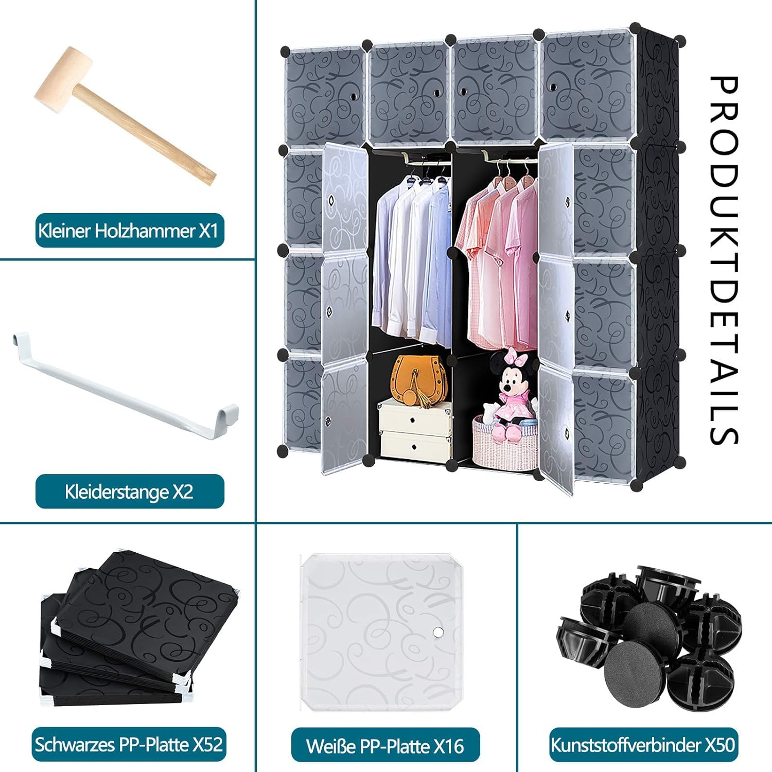 Système d'étagères DIY avec portes, étagère enfichable, armoire en plastique PP, rangement modulaire pour vêtements, chaussures, livres, avec 16 cubes