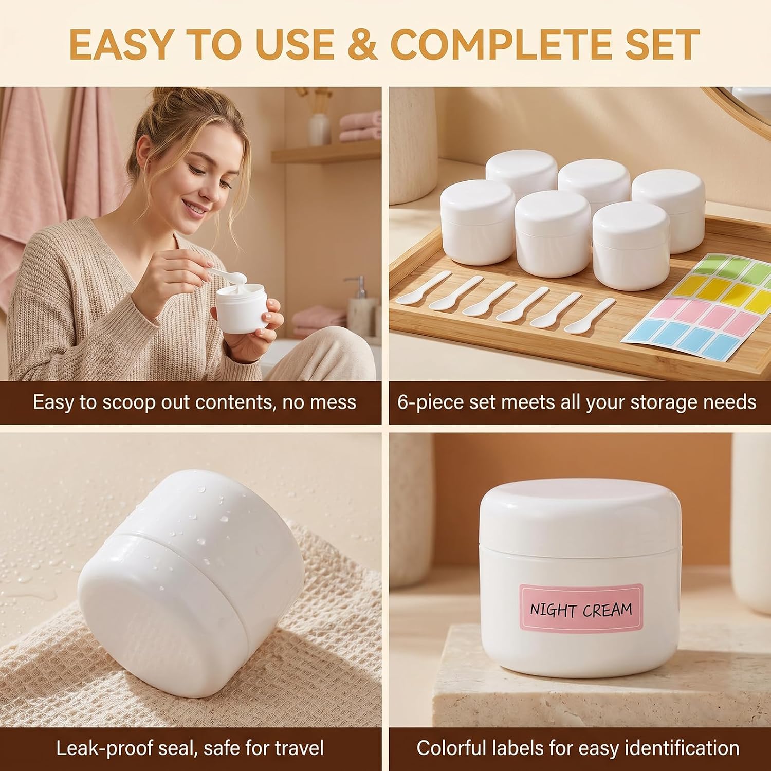 6 Pack 3.4oz Travel Plastic Cream Jars with Spatulas & Stickers