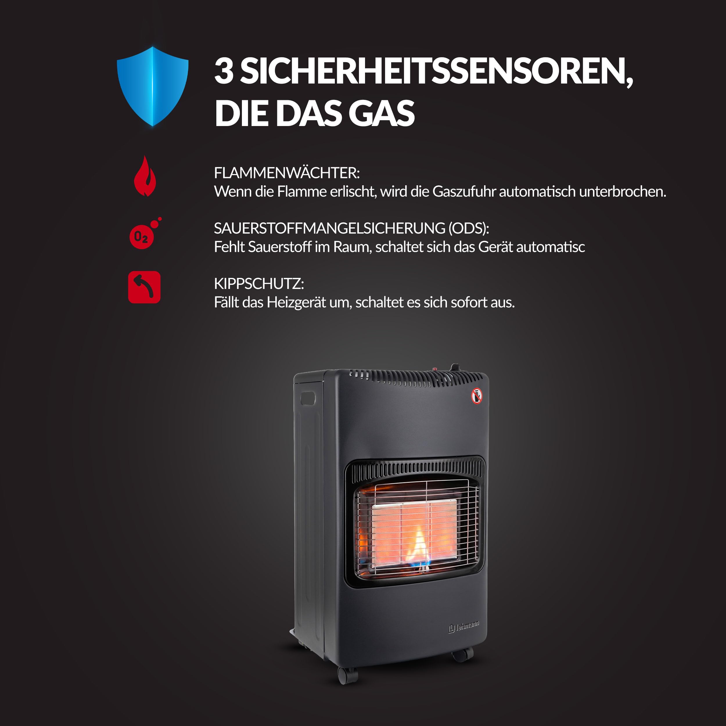 LEHMANN Gasheizer, Gasheizung 4,2 kW, bis 80 m², Infrarot, Piezozündung