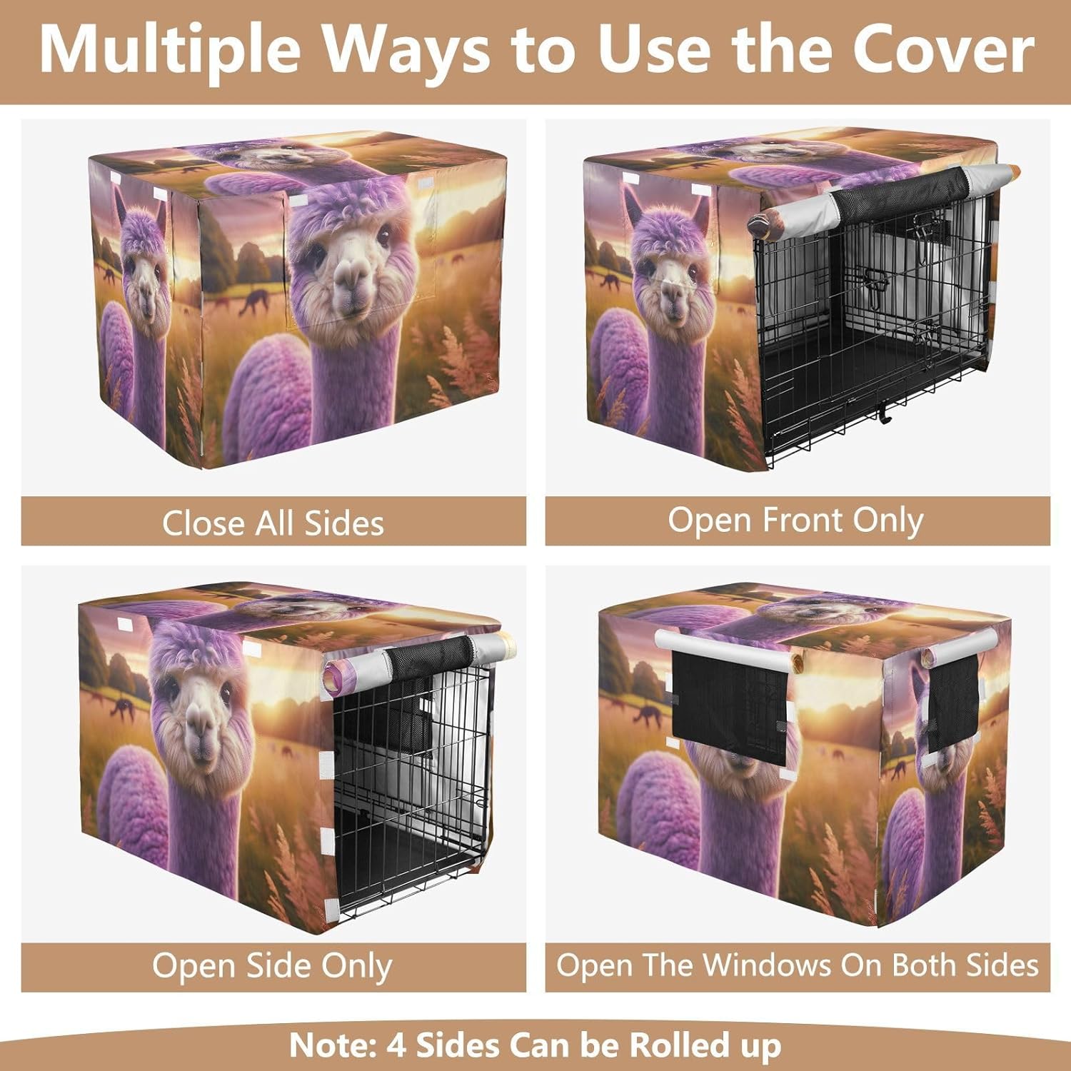 Purple Alpaca Dog Crate Covers Fixed Buckle at Bottom, Pet Kennel Cover with Mesh Windows, Large