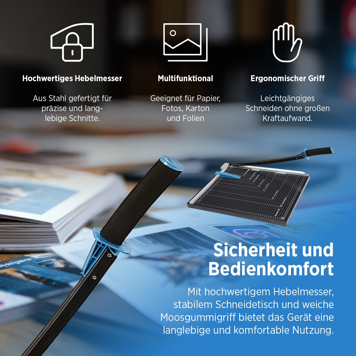 GENIE GM A3 Hebelschneider Papierschneider A3 | Schneidemaschine Papier mit 46 cm Schnittlänge | Paper Cutter für Papier, Fotos & Karton | Papierschneidemaschine mit Metallbasis & Anpressschiene