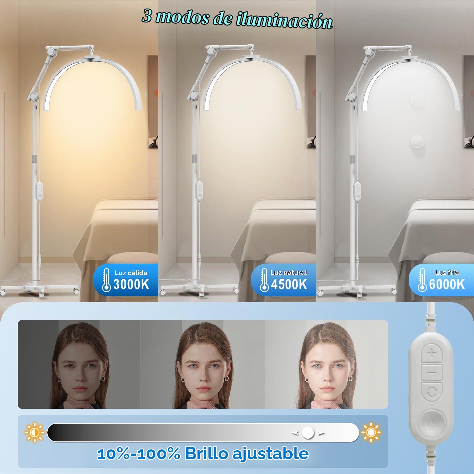 CGBE Lámpara Pestañas Media Luna de Pie LED Profesional con Base Rodante | Lámpara Extensiones Pestañas con Soporte Teléfono, Cabezal Giratorio 360°, Brillo y Altura Ajustables para Salones de Belleza